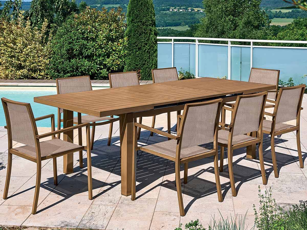 Ensemble repas table rectangulaire extensible en aluminium aspect Teck SANTORIN avec 10 fauteuils - Jardiline - Image 1