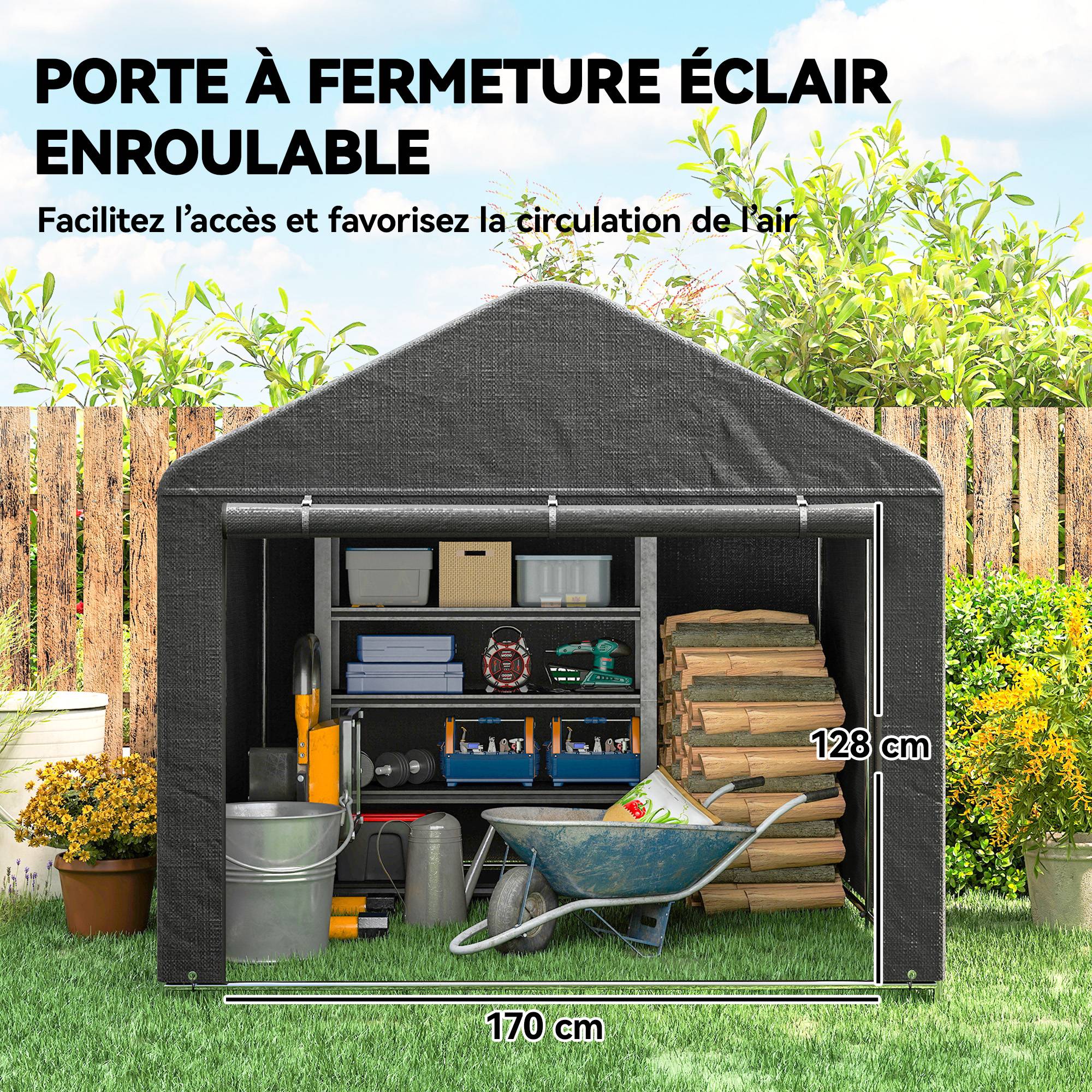 Abri de jardin tente de stockage imperméable abri moto porte enroulable fermeture éclair, 200 x 238 x 183 cm, gris foncé - Image 7