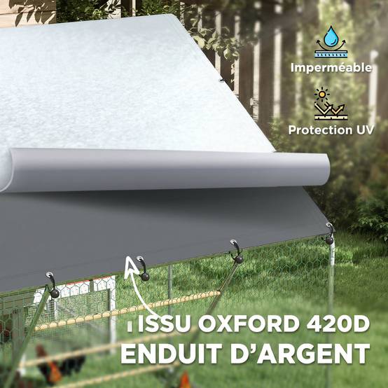 Enclos poulailler extérieur 6 m² grillagé, perchoir et mangeoire, acier galvanisé Ø25mm 300x200x195cm argent - Image 9