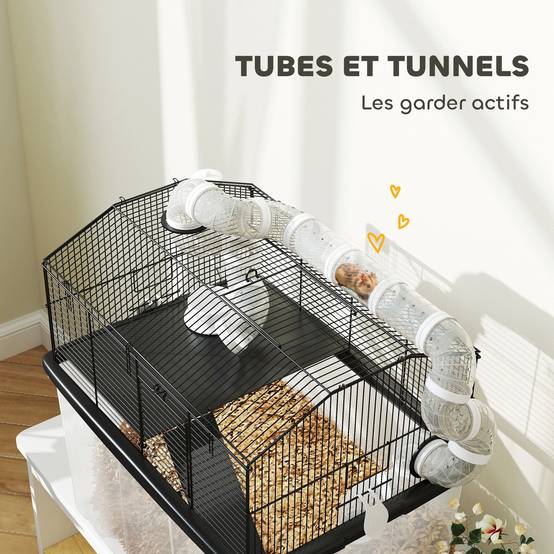 Cage hamster portable, rampe, gamelle, bouteille, système de tuyaux, 58x43x57cm, noir - Image 8
