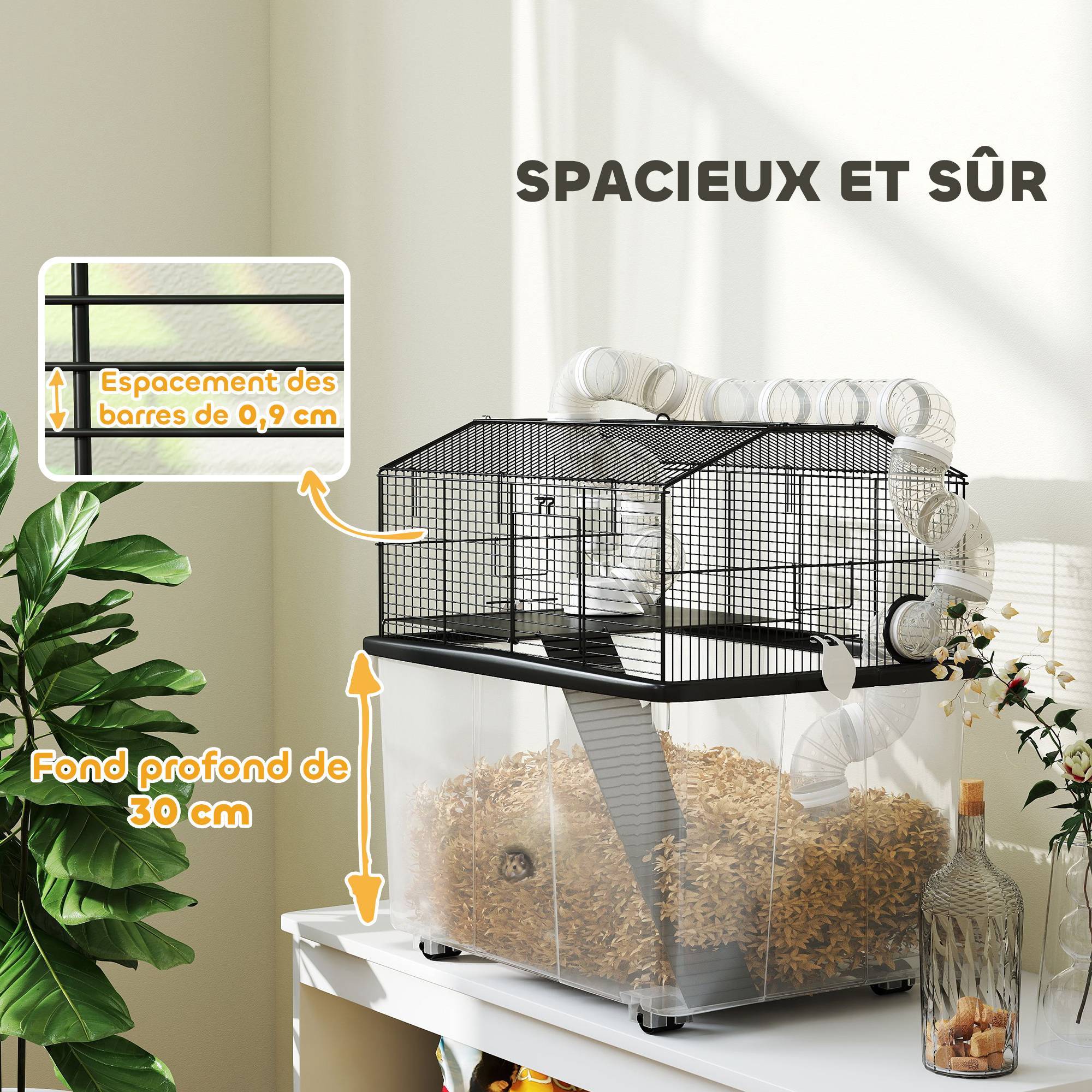 Cage hamster portable, rampe, gamelle, bouteille, système de tuyaux, 58x43x57cm, noir - Image 7