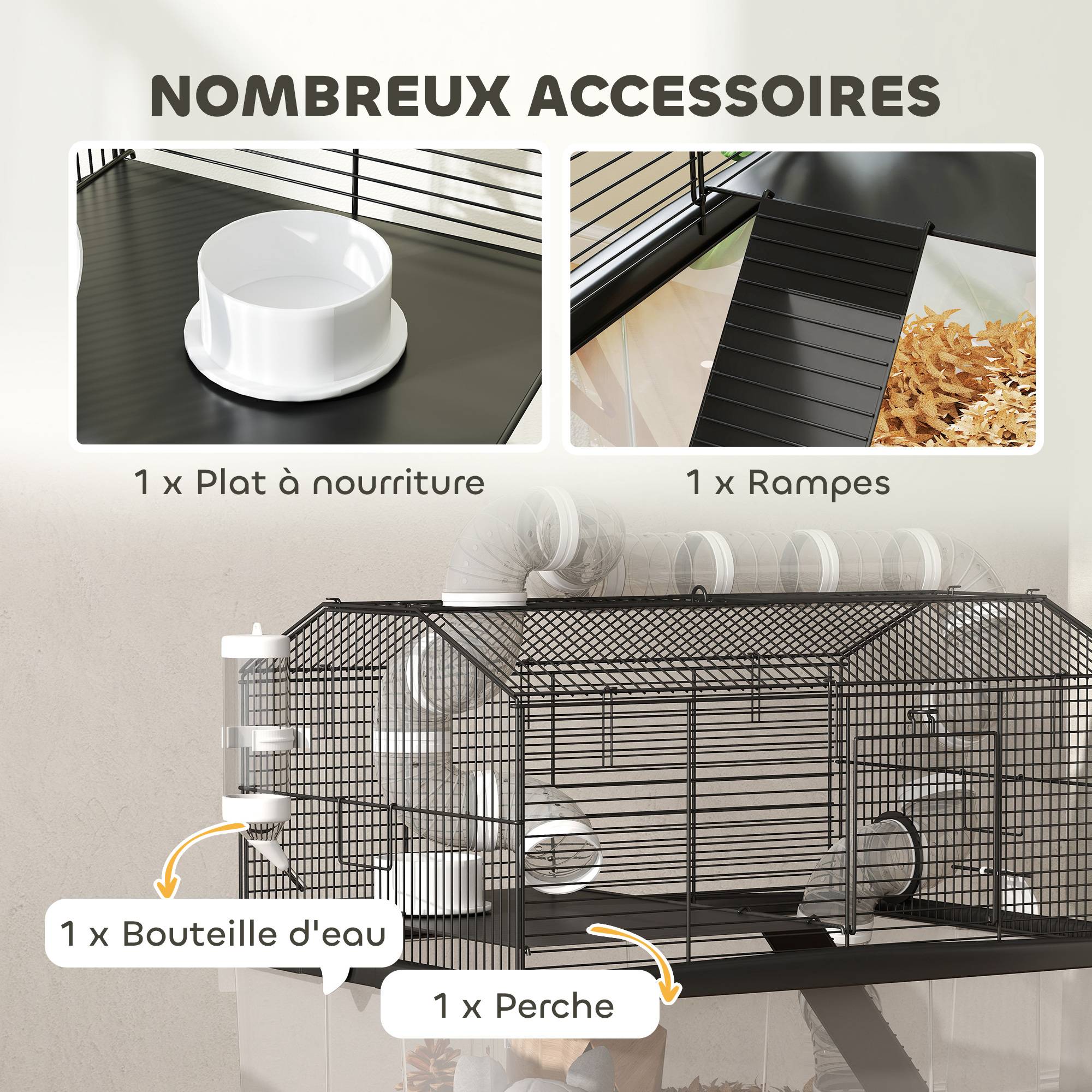 Cage hamster portable, rampe, gamelle, bouteille, système de tuyaux, 58x43x57cm, noir - Image 9