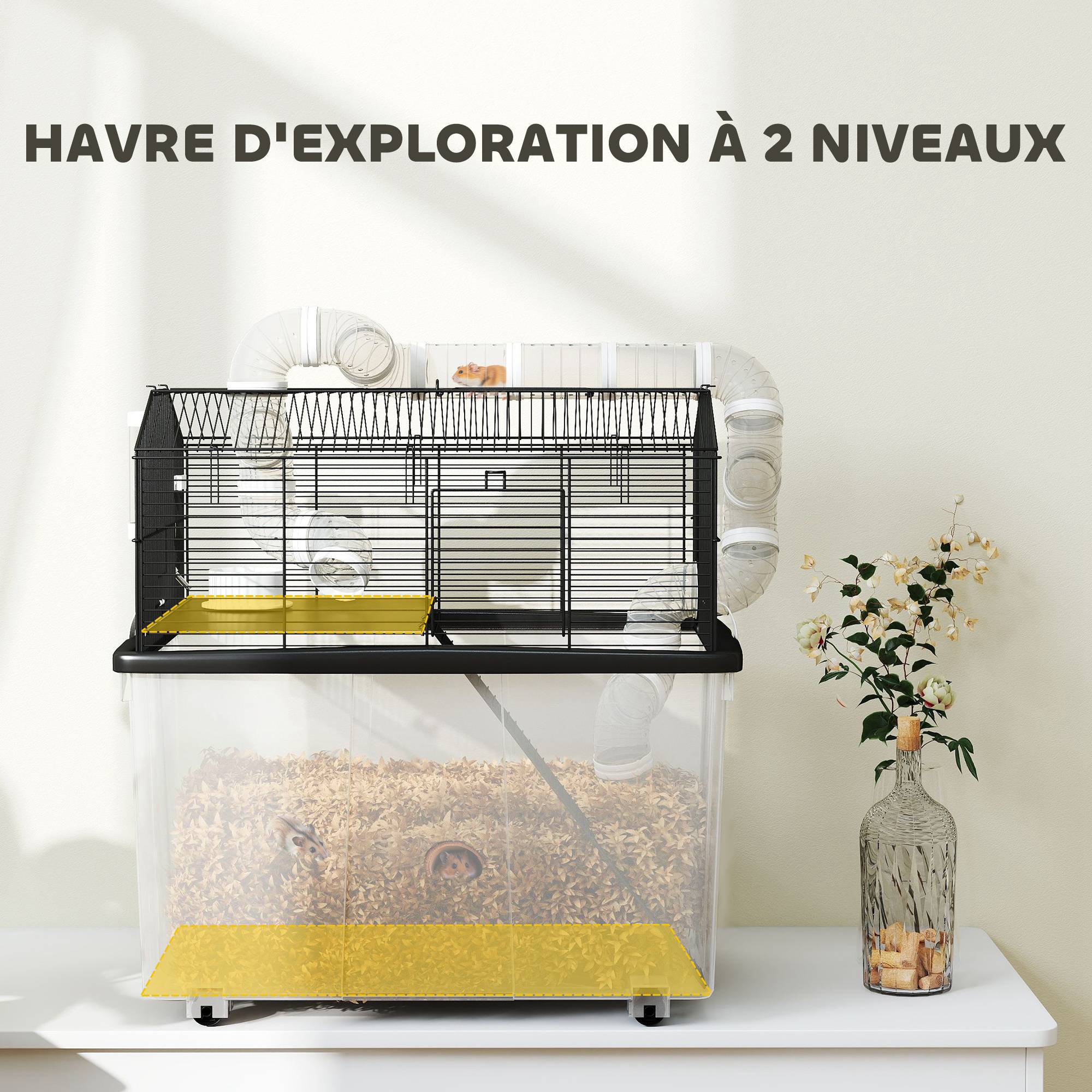 Cage hamster portable, rampe, gamelle, bouteille, système de tuyaux, 58x43x57cm, noir - Image 6