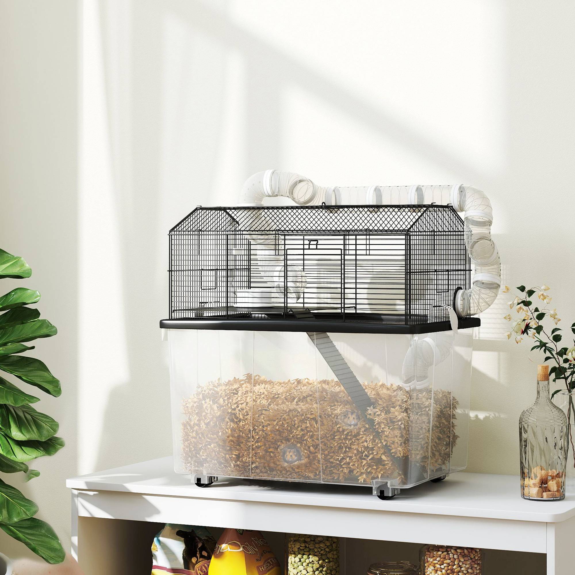 Cage hamster portable, rampe, gamelle, bouteille, système de tuyaux, 58x43x57cm, noir - Image 4