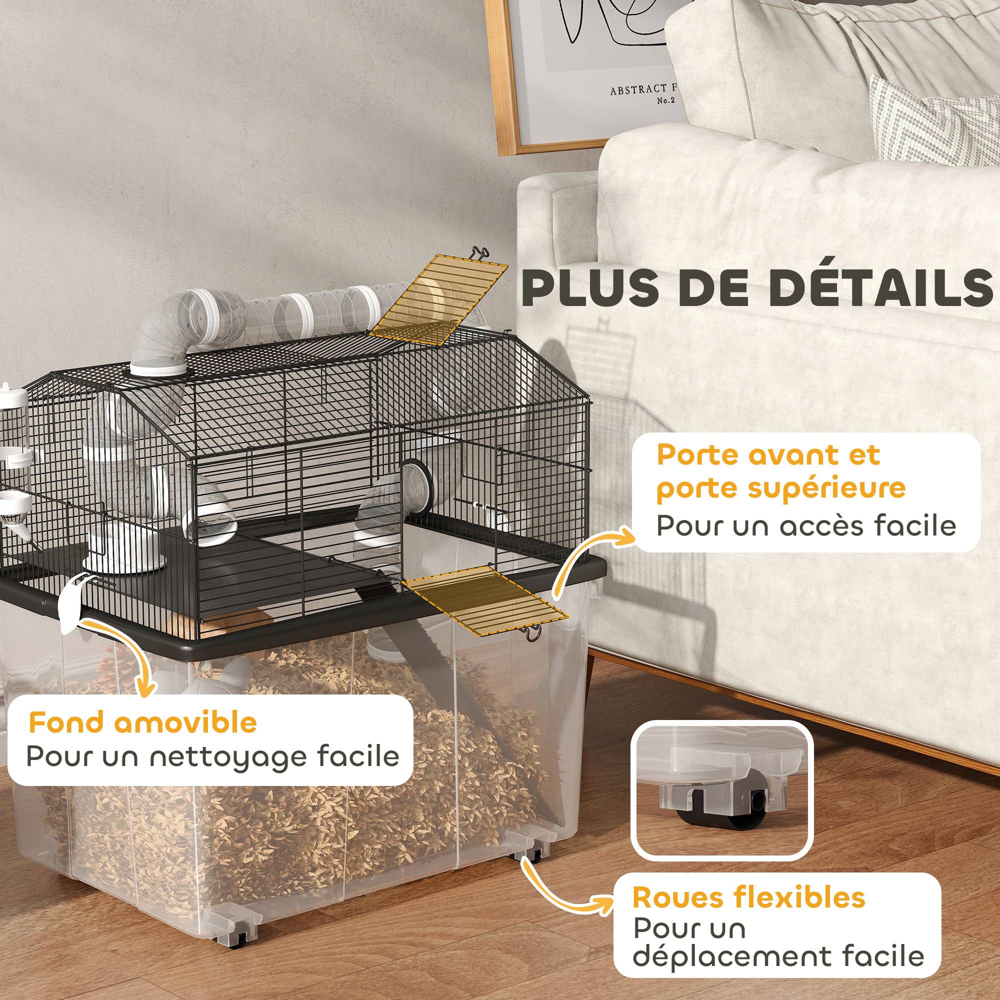 Cage hamster portable, rampe, gamelle, bouteille, système de tuyaux, 58x43x57cm, noir - Image 10