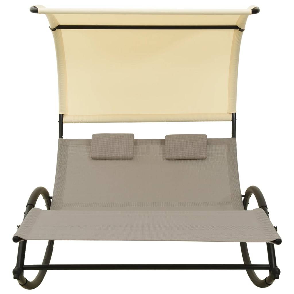 Helloshop26 - Transat chaise longue bain de soleil lit de jardin terrasse meuble d'extérieur double 139 x 180 x 170 cm avec auvent textilène taupe et crème - Image 2