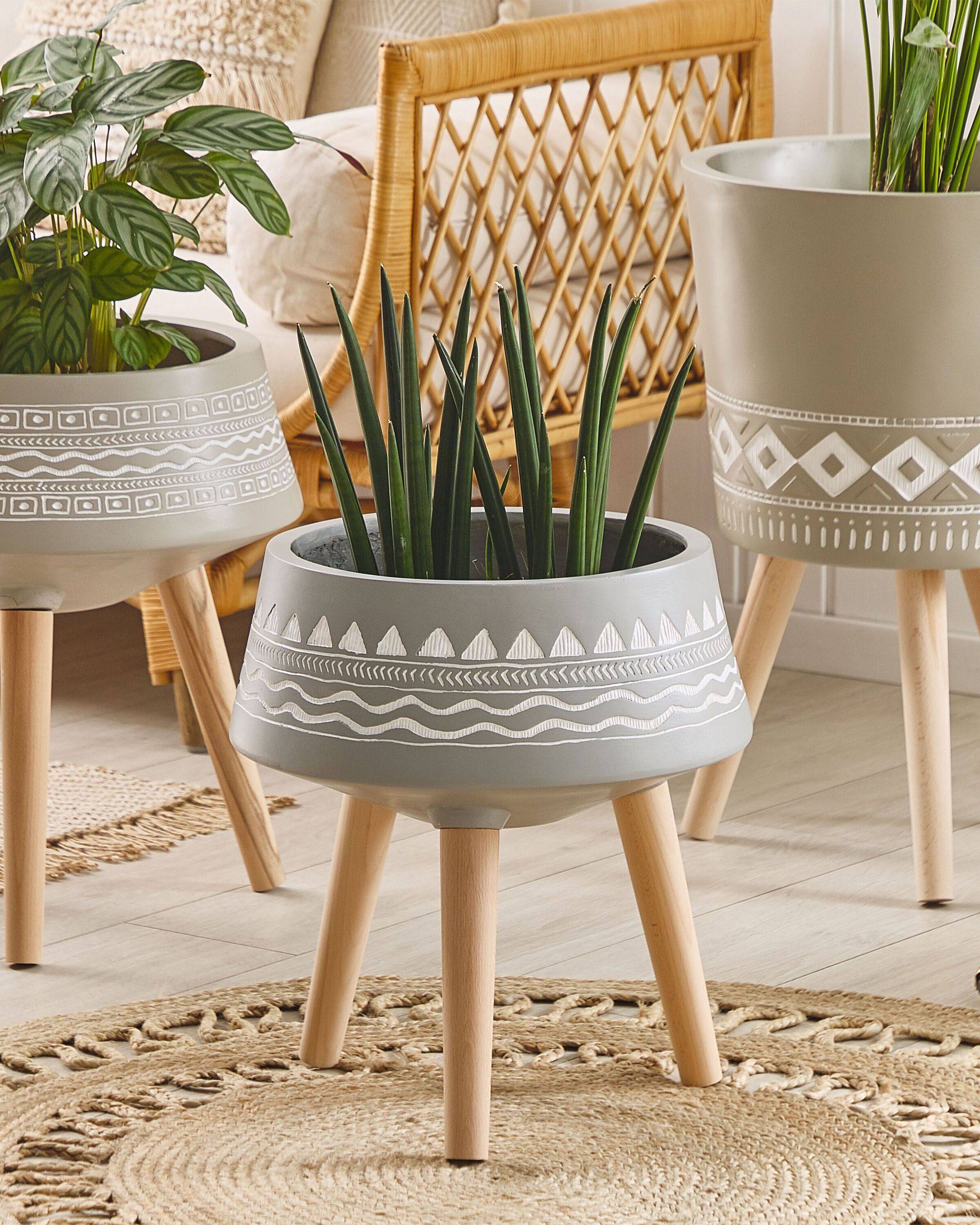 Beliani - Cache-Pot Support Plantes Beige Taupe avec 3 Pieds en Bois 35 cm de Diamètre Motif Ethnique Peint à la Main pour Extérieur et Intérieur Beliani - Image 2