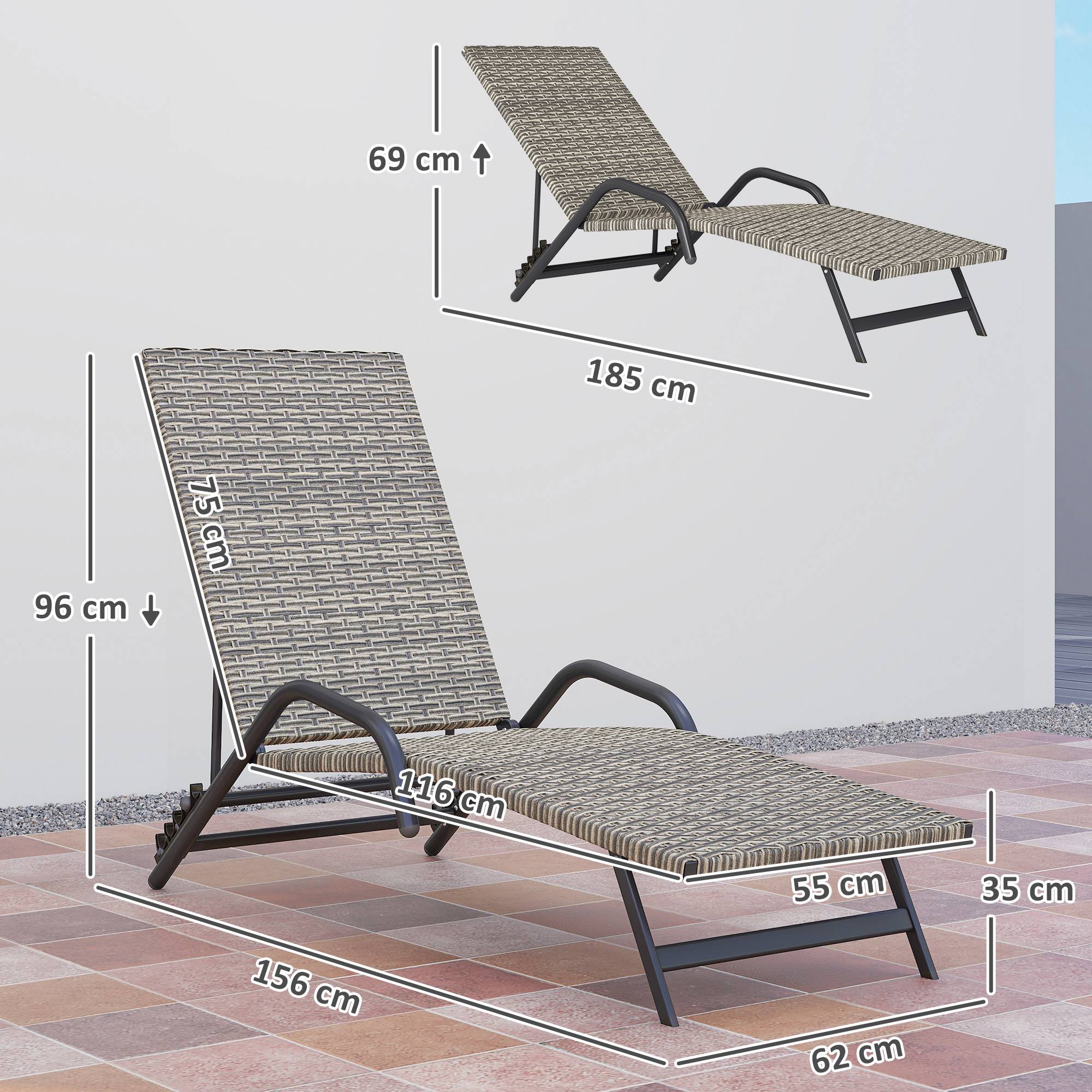Bain de soleil chaise longue en résine tressée inclinable réglable - 156x62x96cm Marron fr16 - Image 5