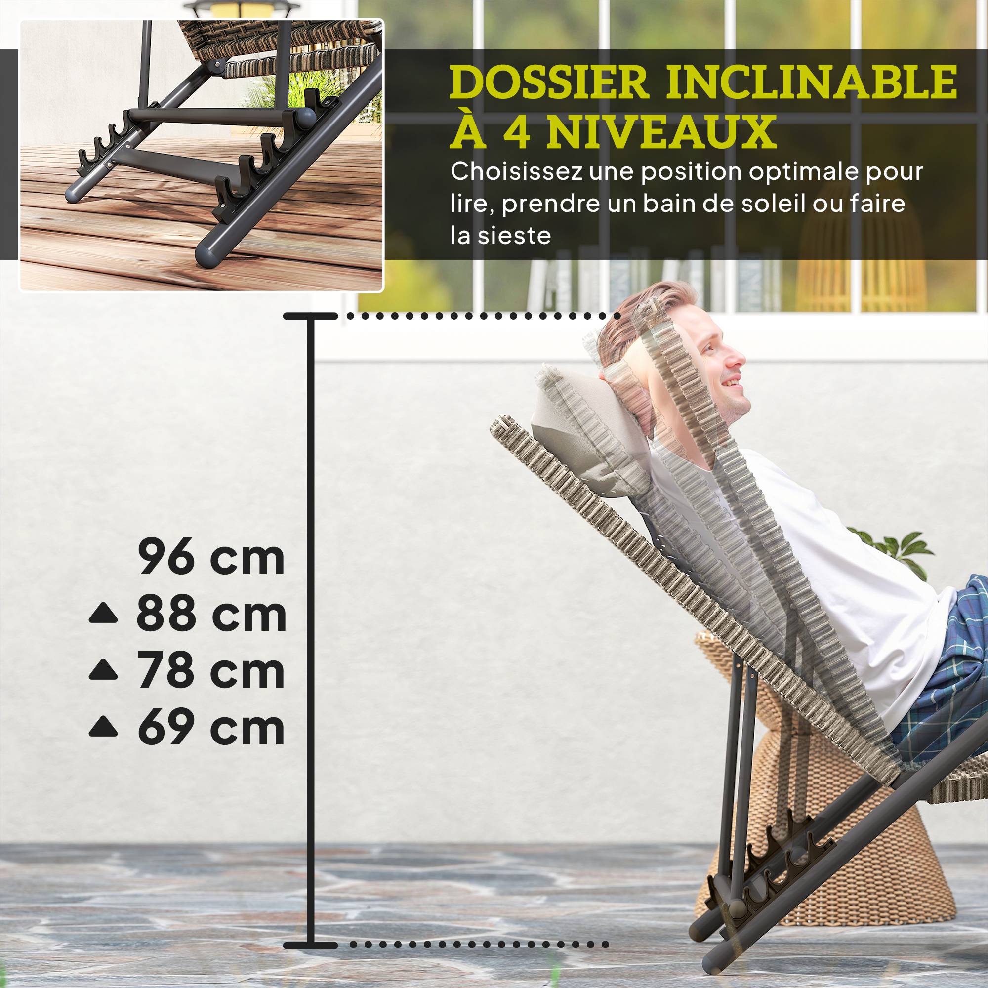 Bain de soleil chaise longue en résine tressée inclinable réglable - 156x62x96cm Marron fr16 - Image 6