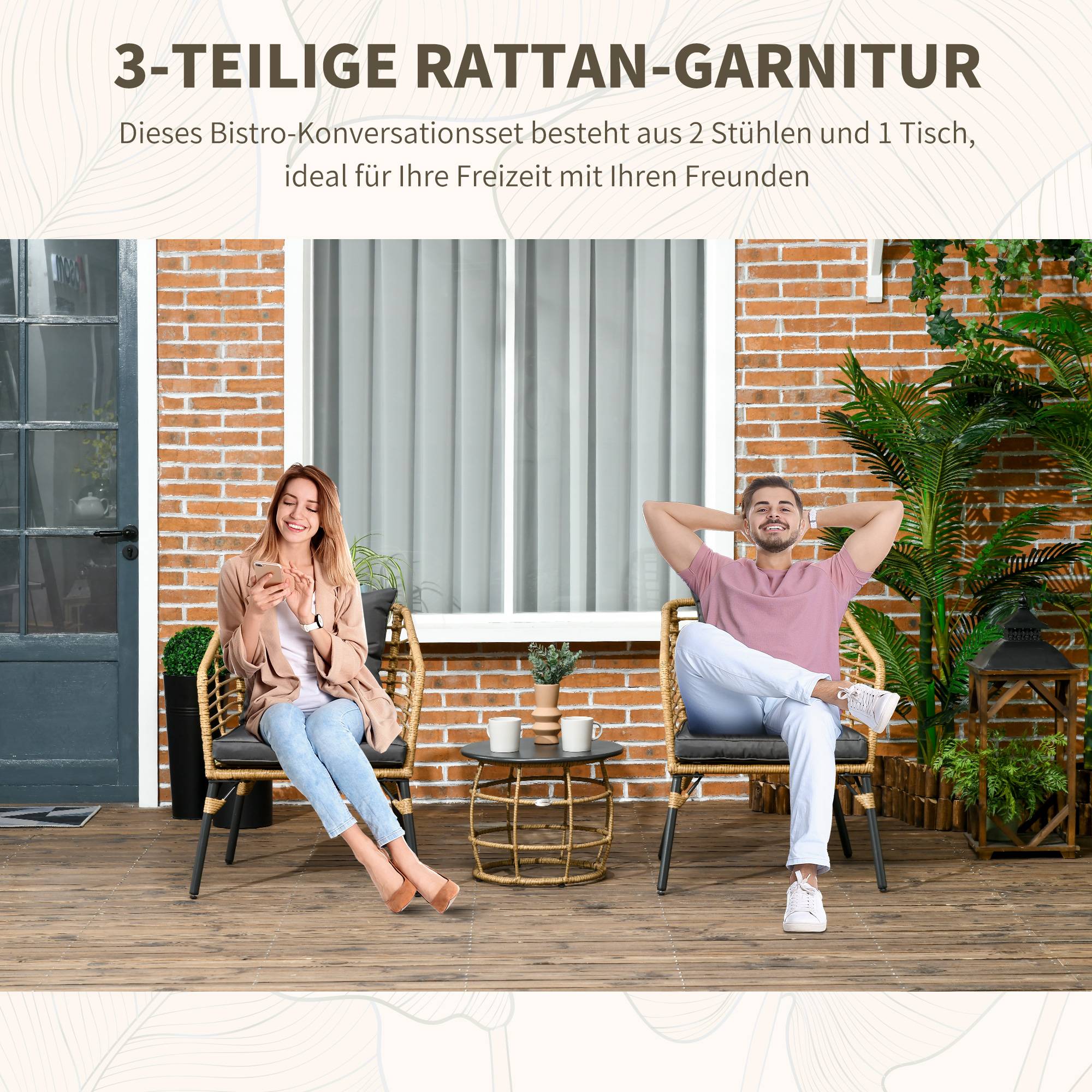 Salon de Jardin Bistro Rotin PE Acier Terrasse 2 Places Sable et Gris - ComfortXL Outdoor Living - Image 6