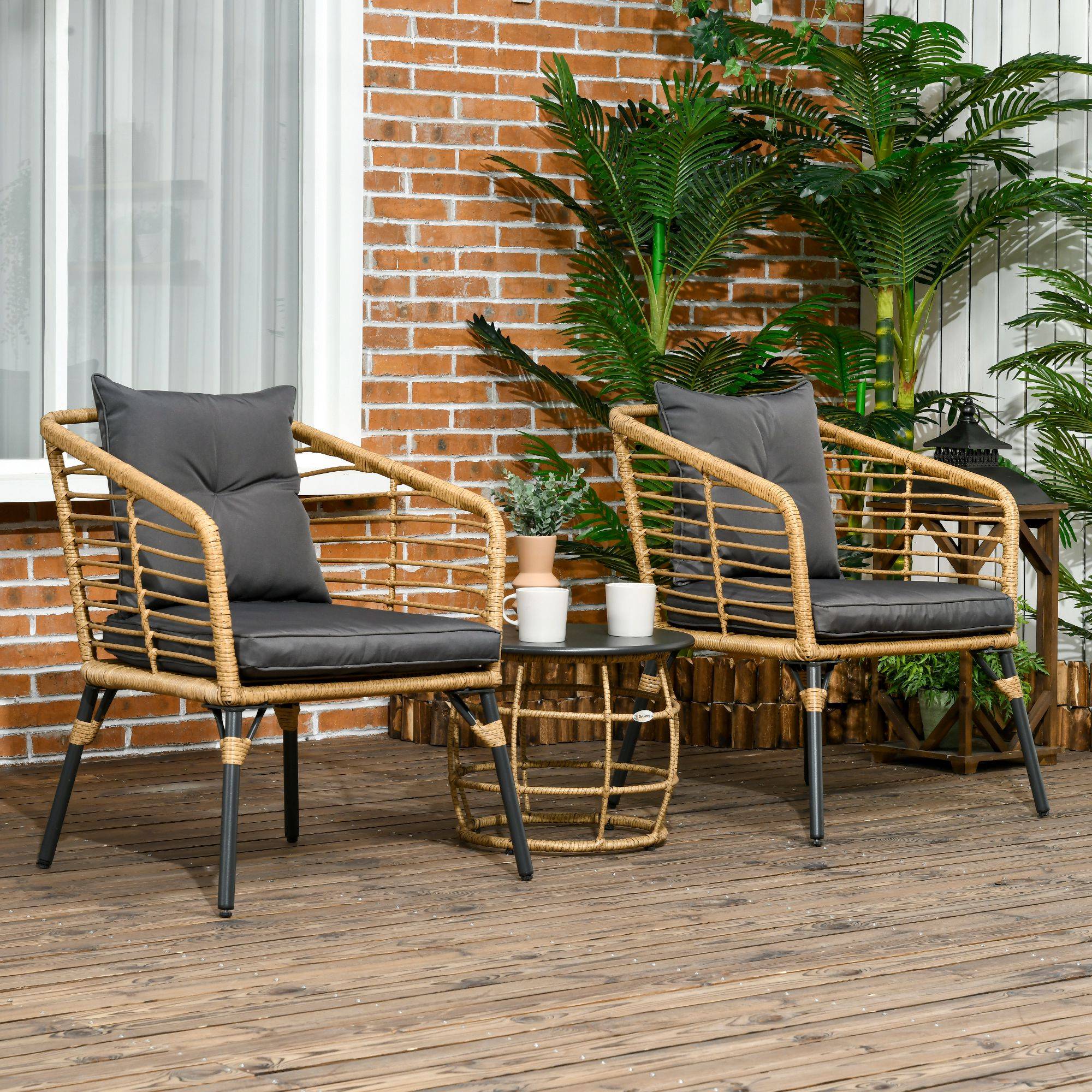 Salon de Jardin Bistro Rotin PE Acier Terrasse 2 Places Sable et Gris - ComfortXL Outdoor Living - Image 1