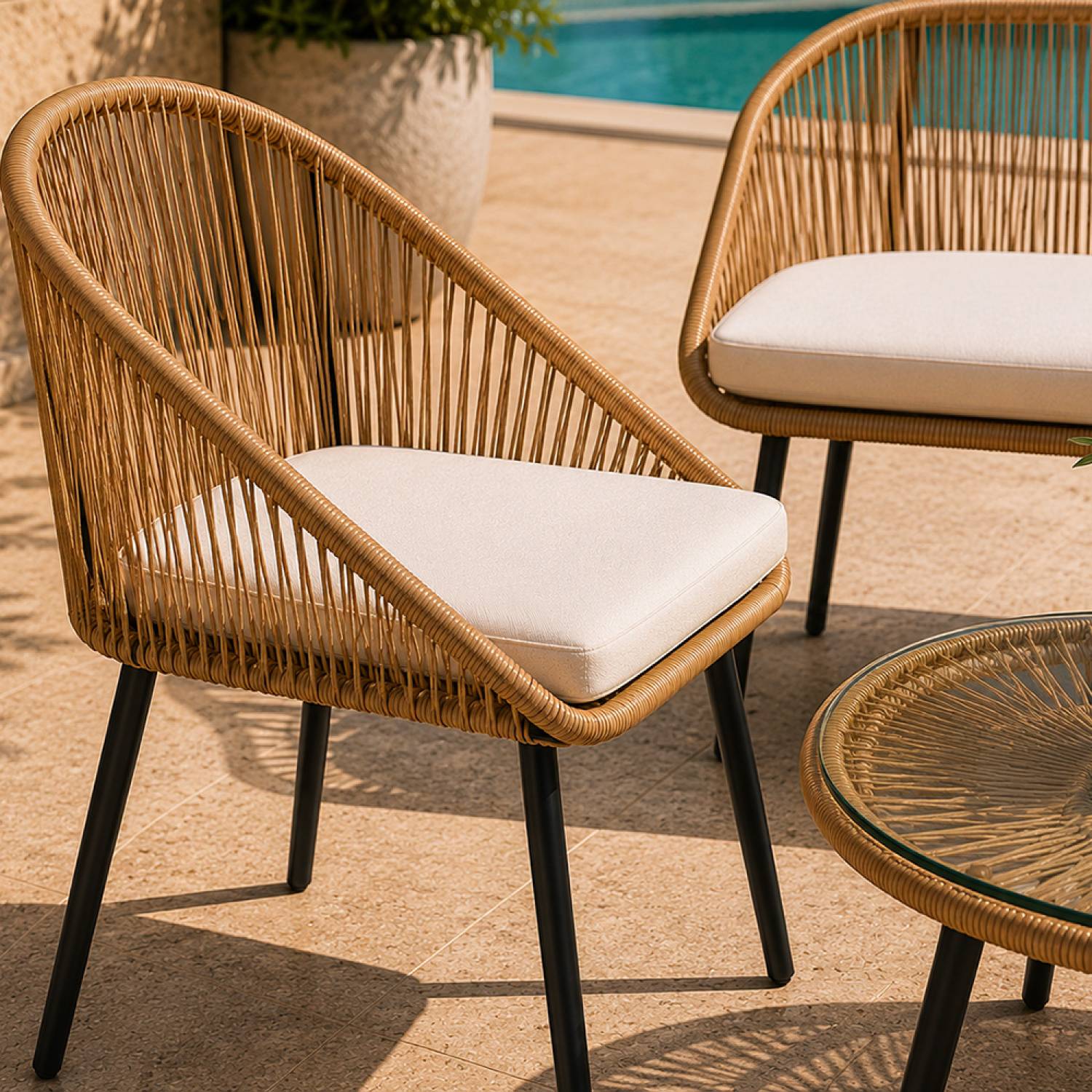 Salon de jardin 4 places avec table basse effet rotin naturel RAVELLO - Image 6