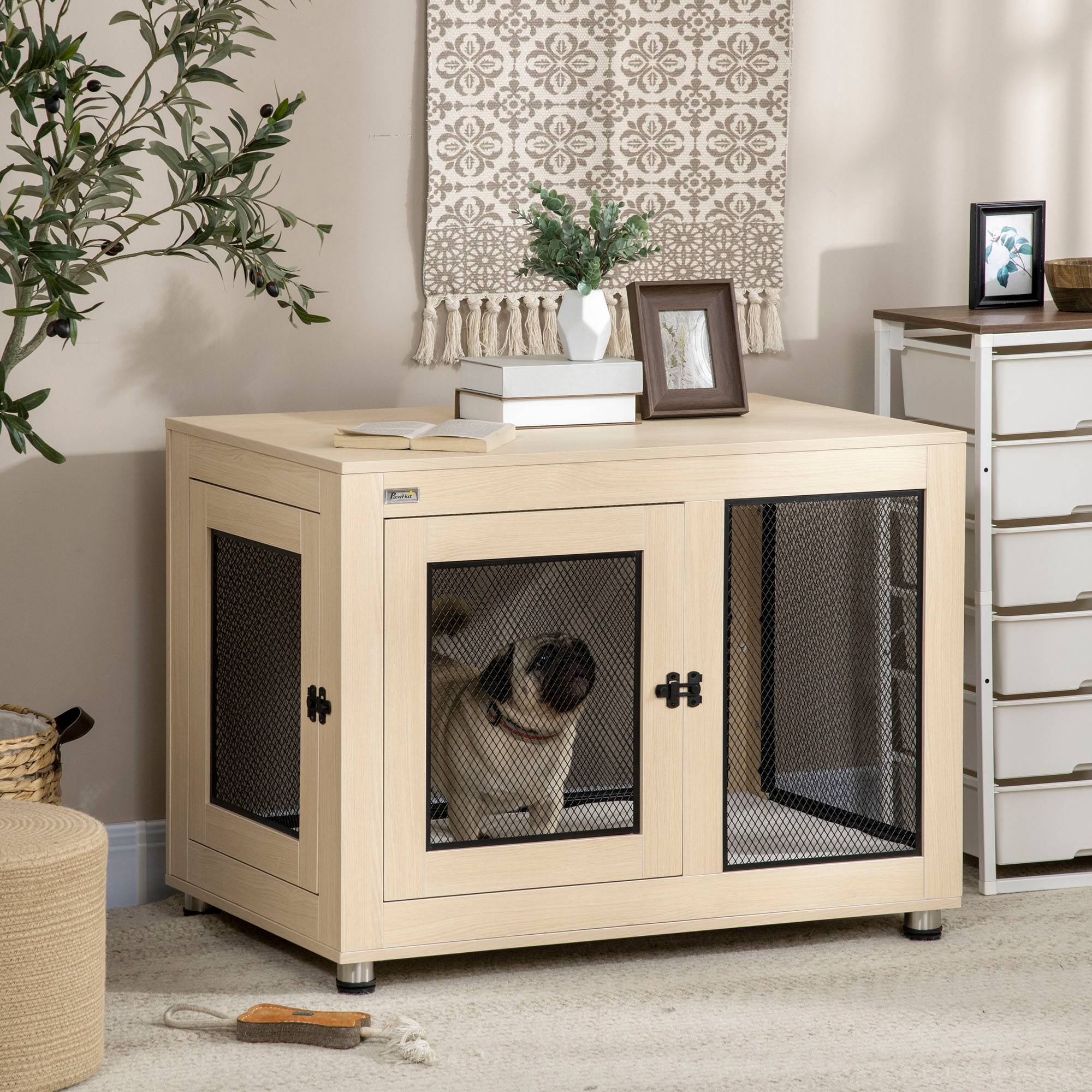 Pawhut - Cage pour chien sur pied style industriel - 2 portes verrouillables, coussin inclus - acier maillé noir panneaux aspect bois clair - Image 3