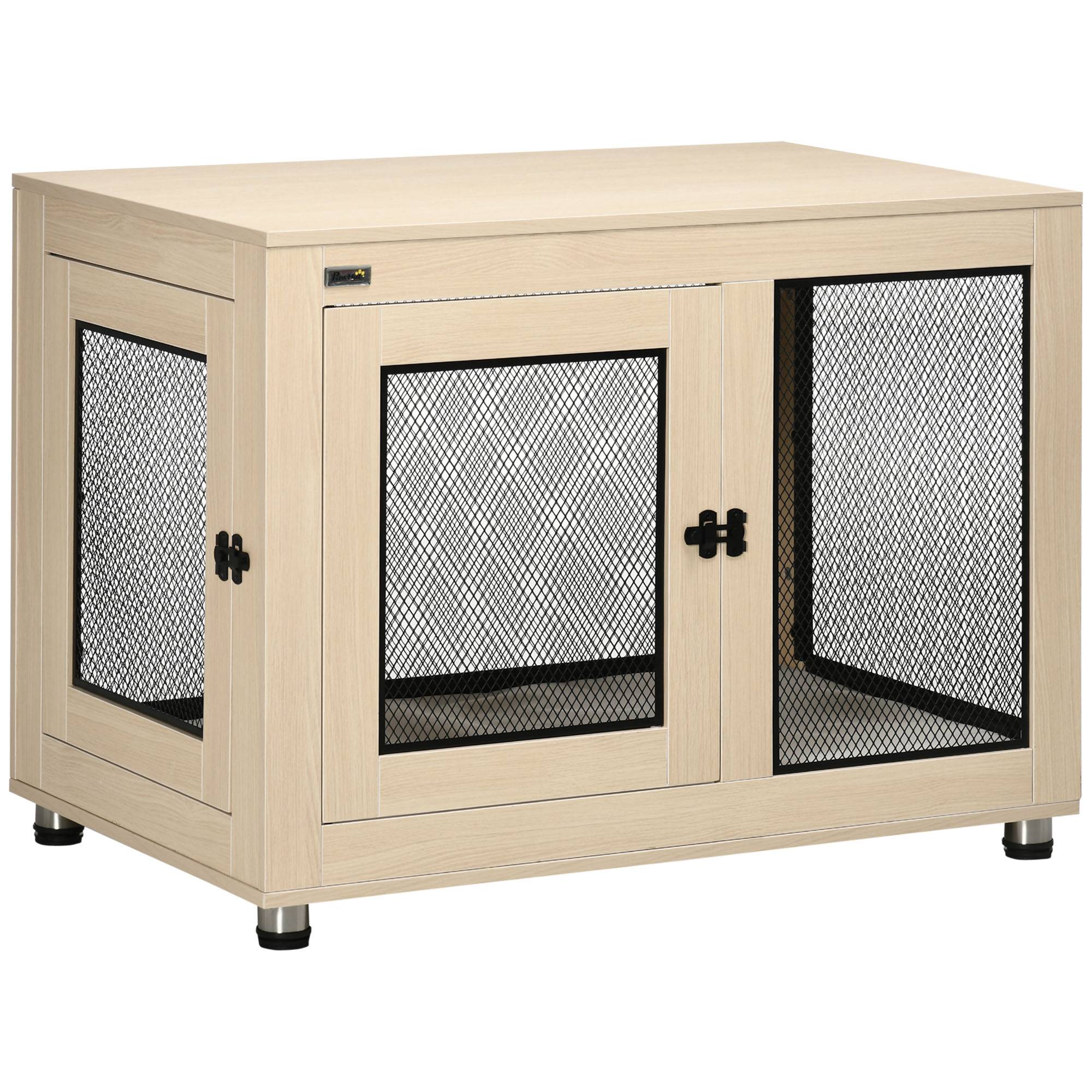 Pawhut - Cage pour chien sur pied style industriel - 2 portes verrouillables, coussin inclus - acier maillé noir panneaux aspect bois clair - Image 1