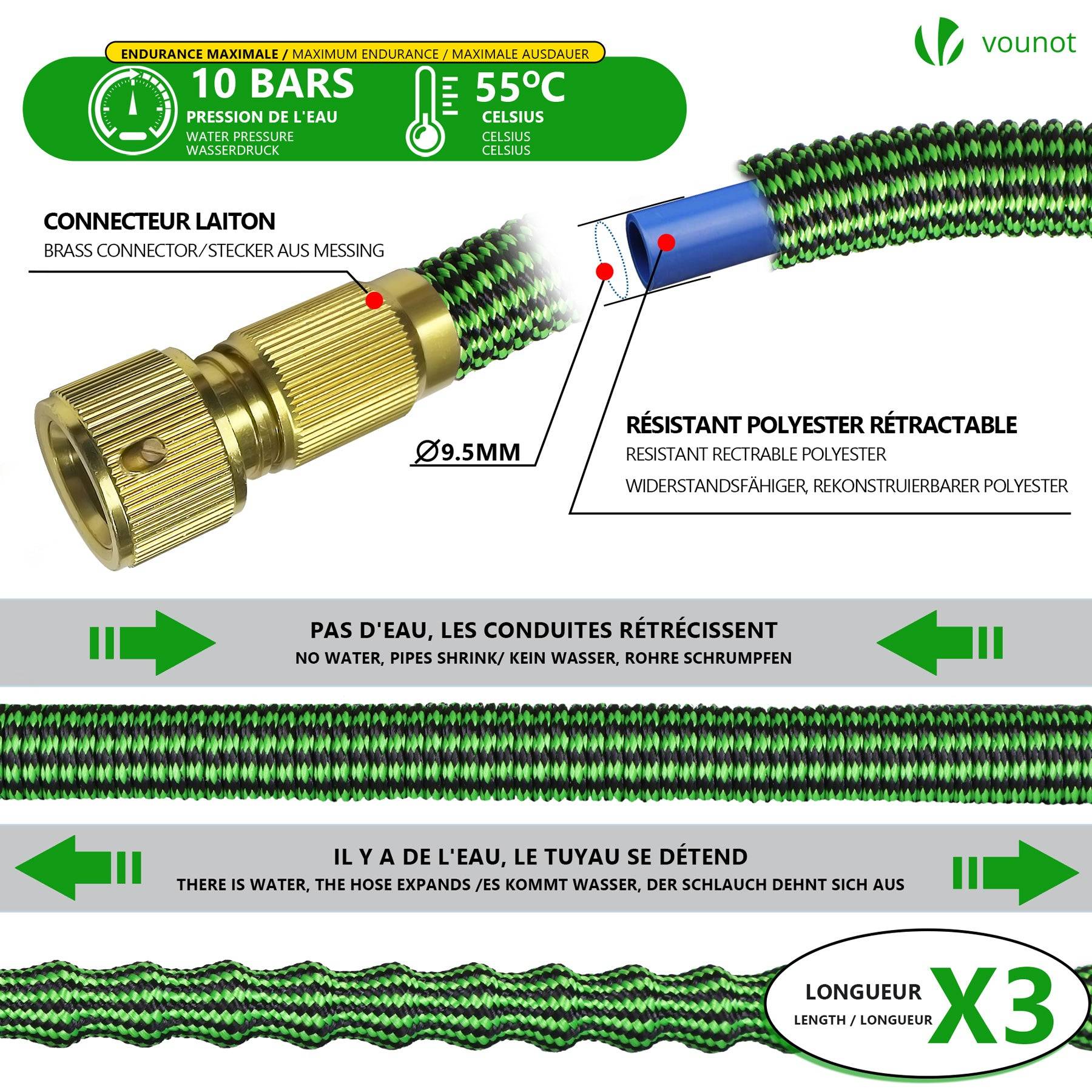 Vounot - Tuyau d’Arrosage Extensible 30m avec Récipient Savon et accessoires vert - Image 2