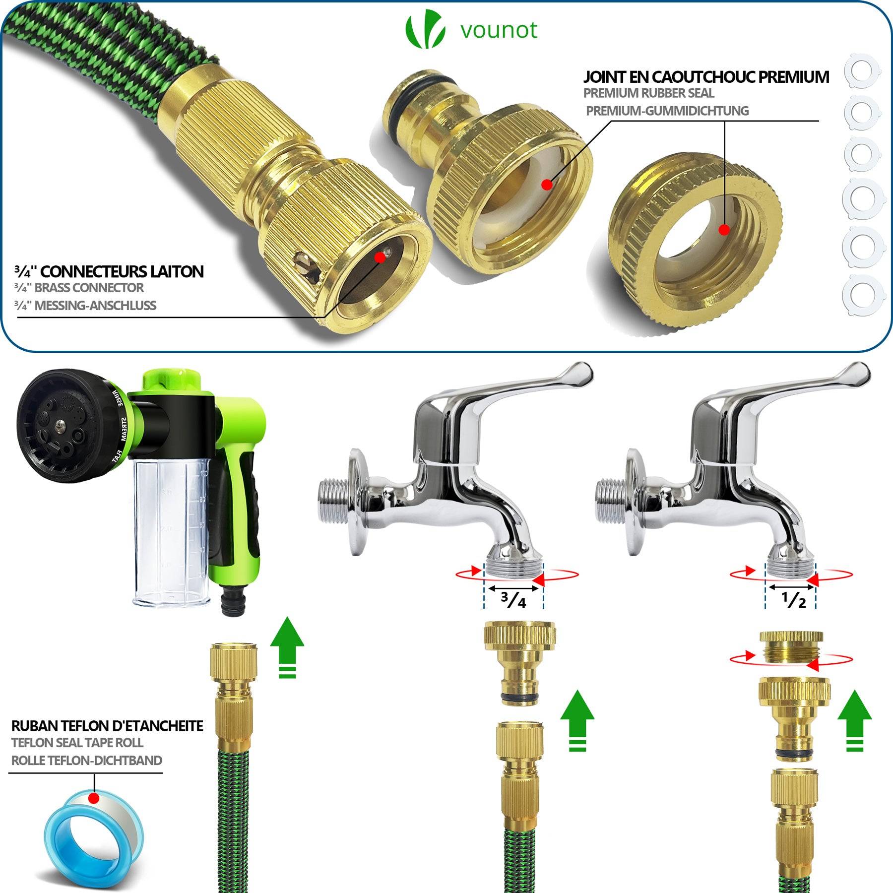 Vounot - Tuyau d’Arrosage Extensible 30m avec Récipient Savon et accessoires vert - Image 4