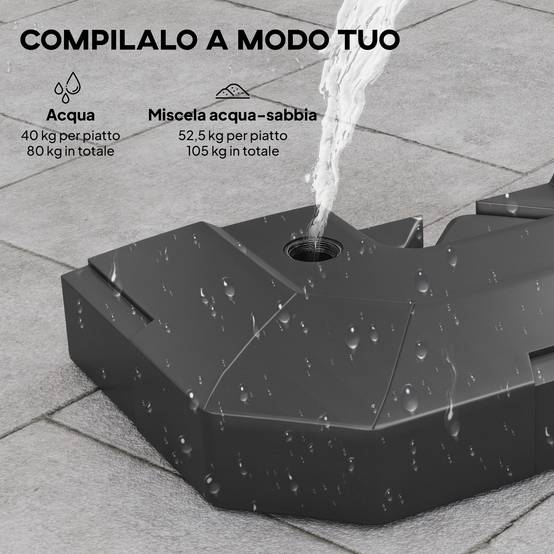 Set 2 poids base pour parasol déporté en HDPE remplissables jusqu'à 105 kg, 101x101x12 cm, noir - Image 7