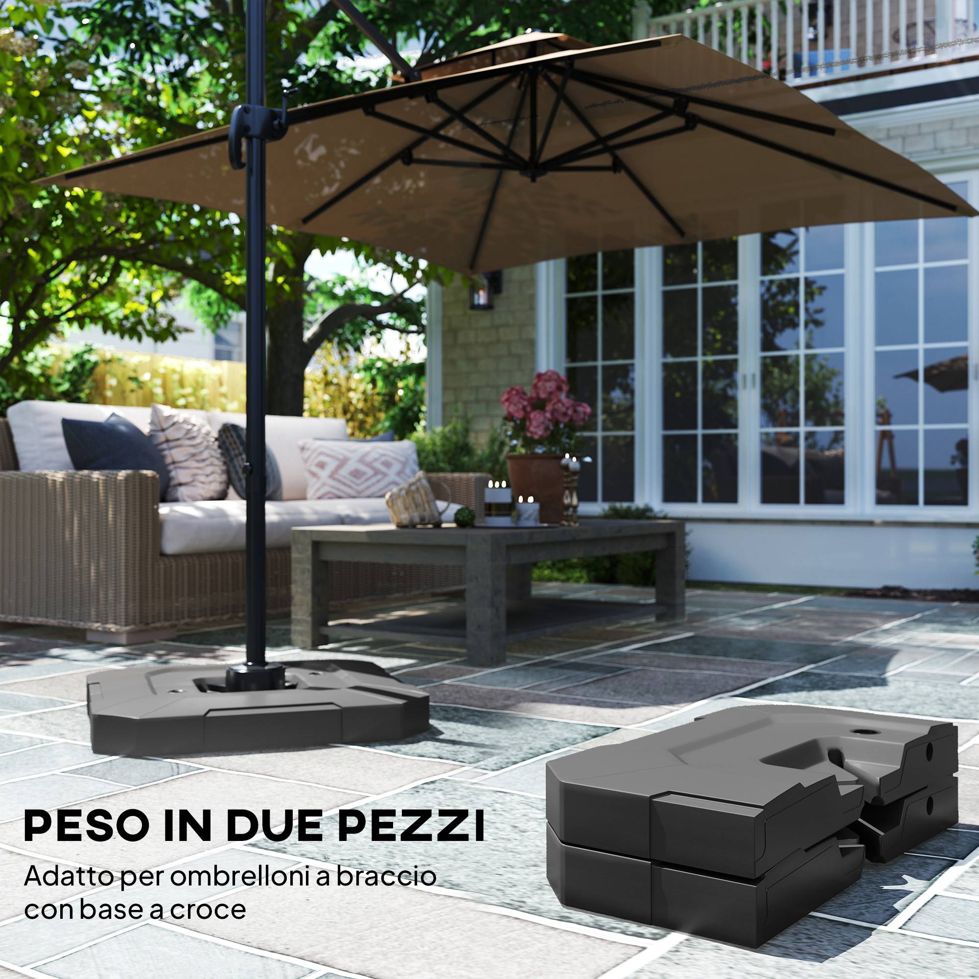 Set 2 poids base pour parasol déporté en HDPE remplissables jusqu'à 105 kg, 101x101x12 cm, noir - Image 6