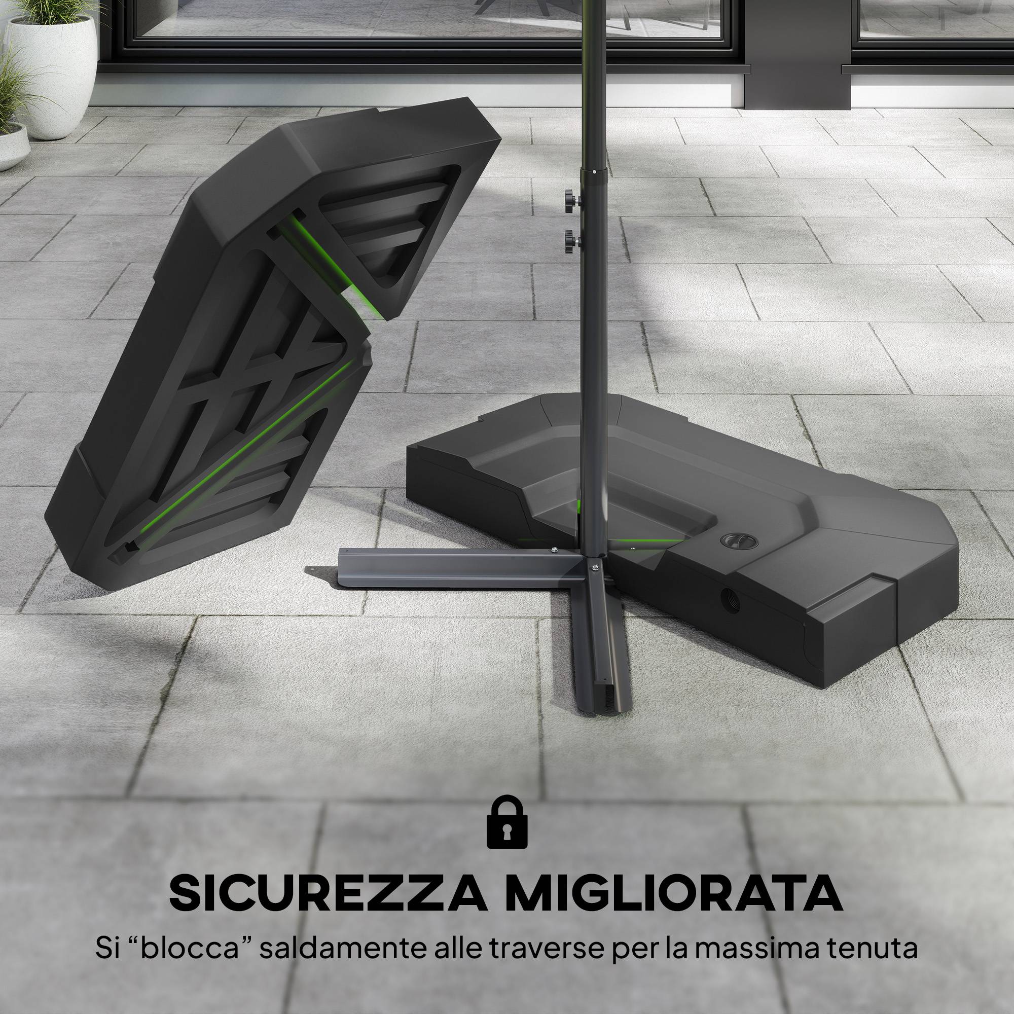 Set 2 poids base pour parasol déporté en HDPE remplissables jusqu'à 105 kg, 101x101x12 cm, noir - Image 8