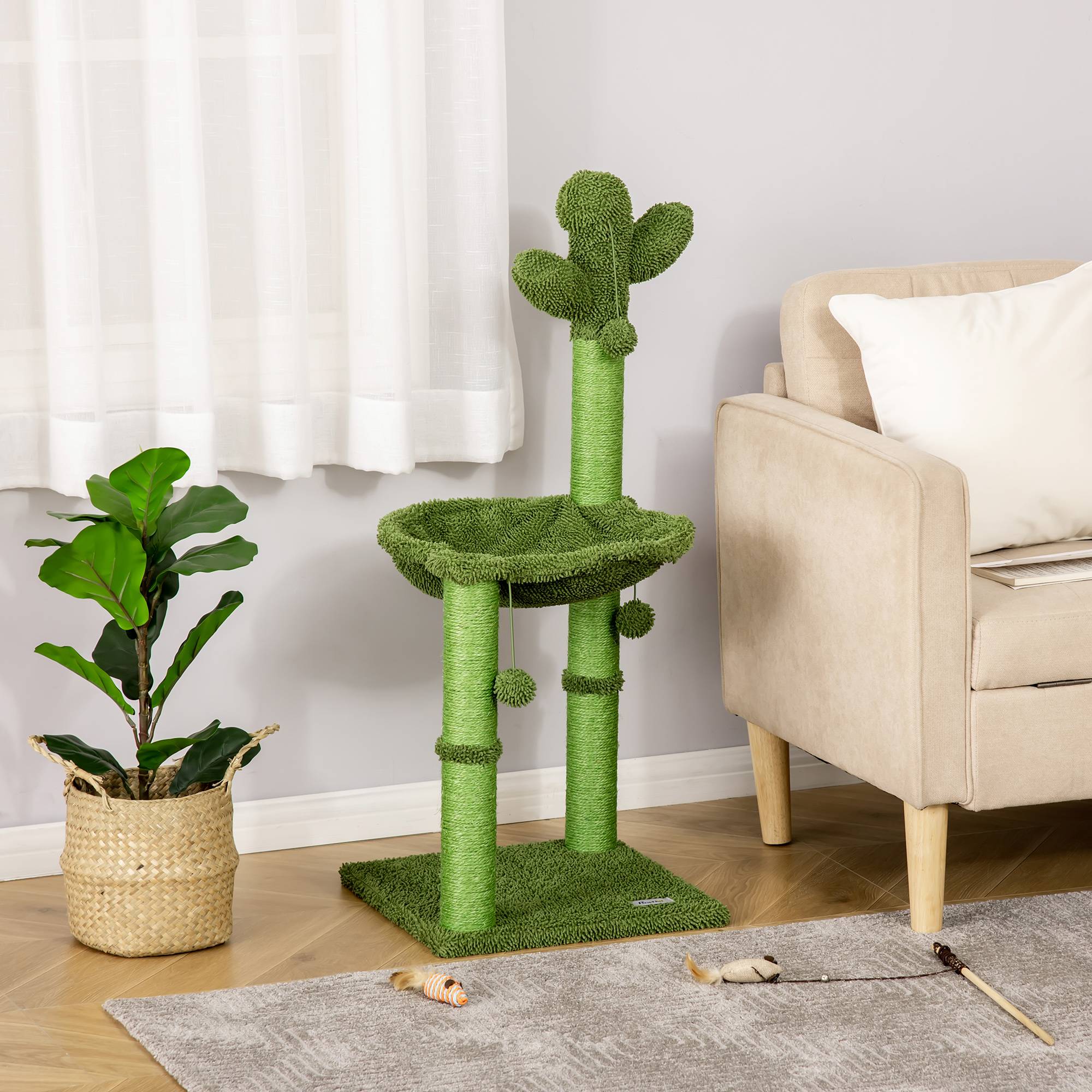 Sans Marque - Albero Tiragraffi per Gatti fino 4.5kg a Forma di Cactus con Palline e Amaca, 40x40x96cm - Verde - Image 2