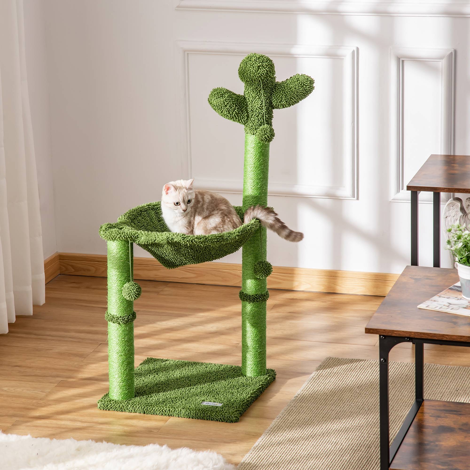 Sans Marque - Albero Tiragraffi per Gatti fino 4.5kg a Forma di Cactus con Palline e Amaca, 40x40x96cm - Verde - Image 1