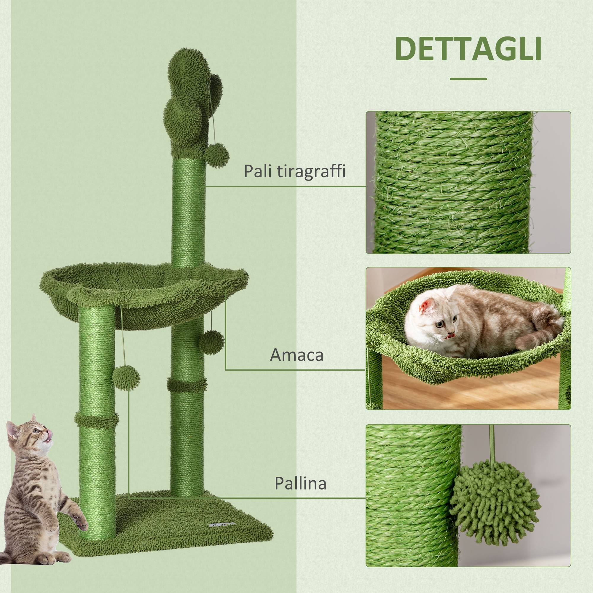 Sans Marque - Albero Tiragraffi per Gatti fino 4.5kg a Forma di Cactus con Palline e Amaca, 40x40x96cm - Verde - Image 5