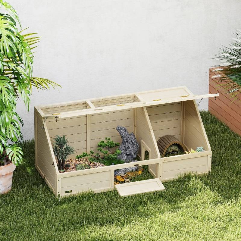 Enclos Tortue Bois Sapin Extérieur Sans Fond Toit Ouvrant 120cm Naturel - ComfortXL Outdoor Living - Image 1