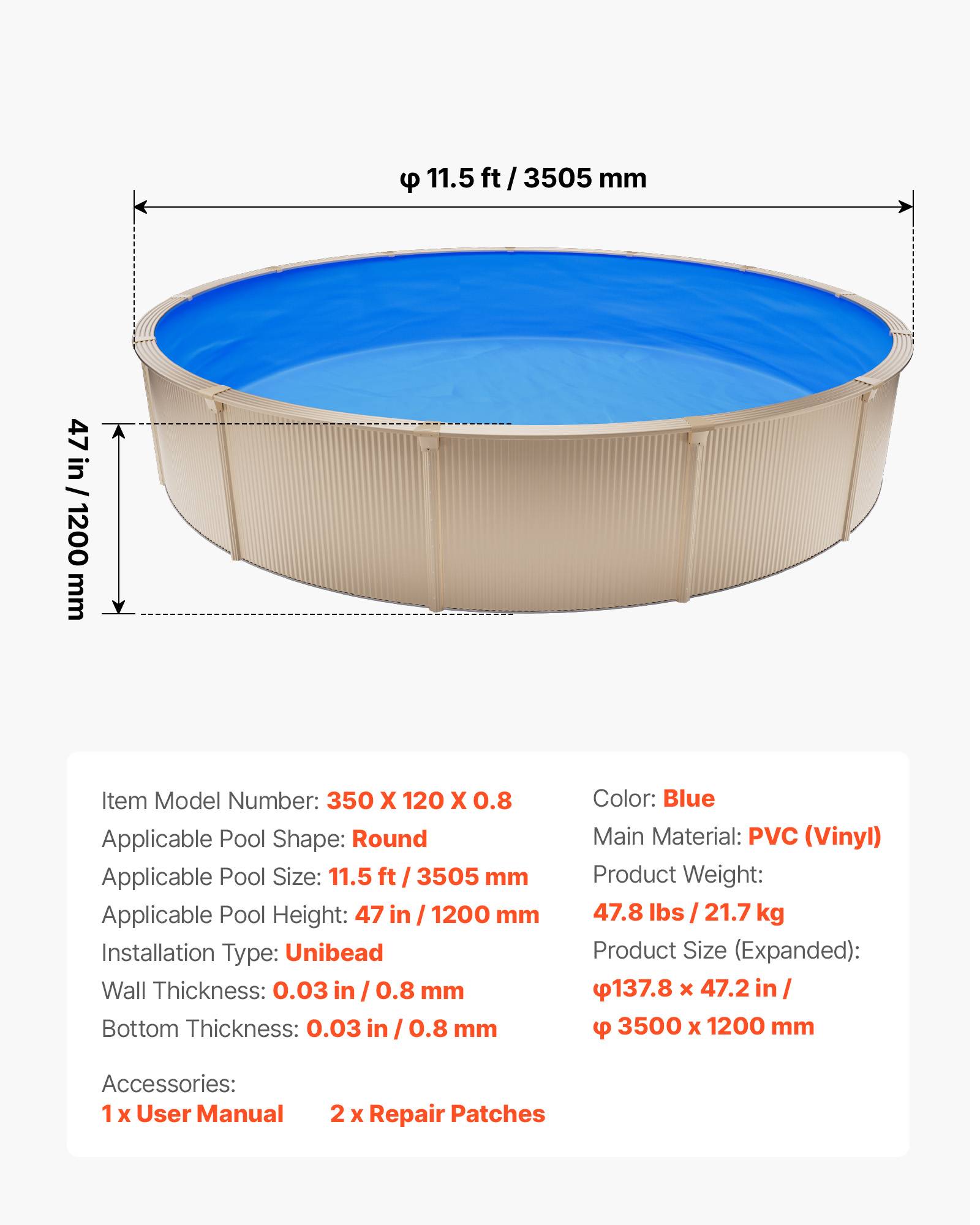 Vevor - VEVOR Liner Piscine Hors-Sol Film Intérieur de Piscine Ronde 350,5x120 cm Bleu - Image 7