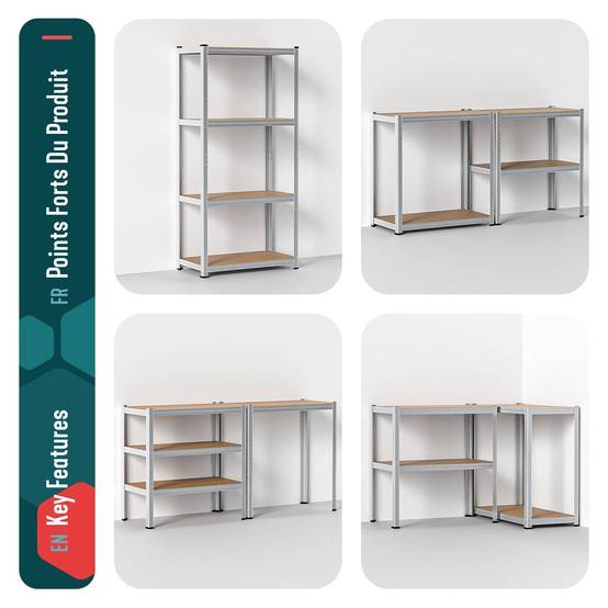 Vounot - Etagères métalliques charge lourde 700kg - 80x40x160cm - 4 tablettes réglables - rayonnage robuste VOUNOT® - Image 5