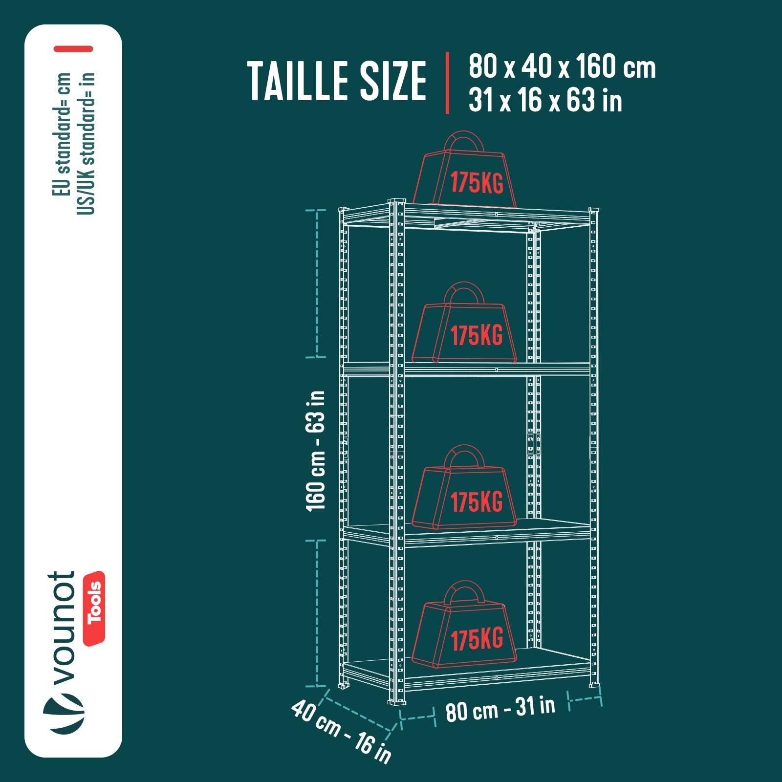 Vounot - Etagères métalliques charge lourde 700kg - 80x40x160cm - 4 tablettes réglables - rayonnage robuste VOUNOT® - Image 3