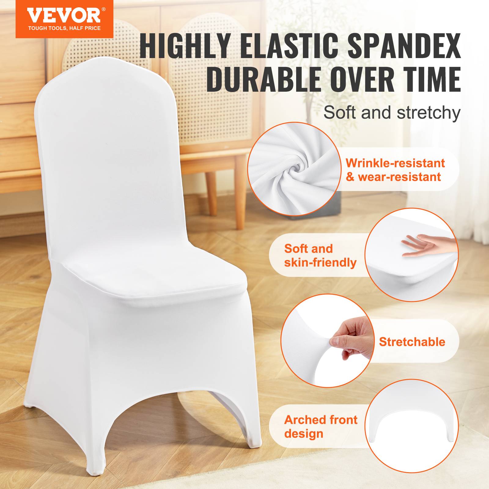 VEVOR Housses de chaise mariage 50 pièces, lycra blanche sans bras, polyester/élasthanne, cintre élastique. - Image 2