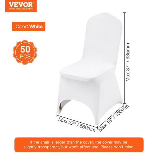 VEVOR Housses de chaise mariage 50 pièces, lycra blanche sans bras, polyester/élasthanne, cintre élastique. - Image 7