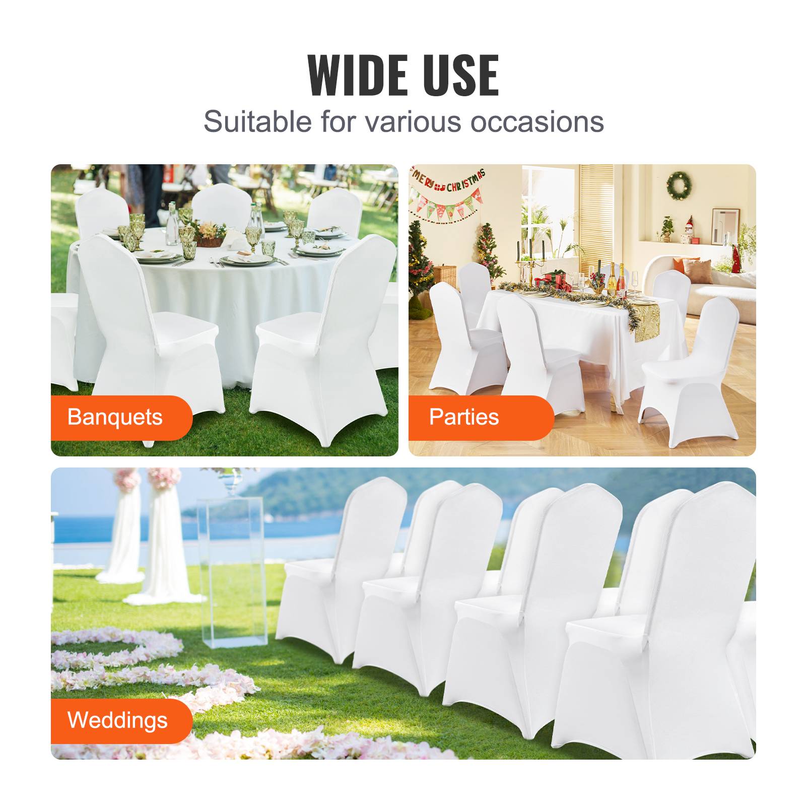 VEVOR Housses de chaise mariage 50 pièces, lycra blanche sans bras, polyester/élasthanne, cintre élastique. - Image 6