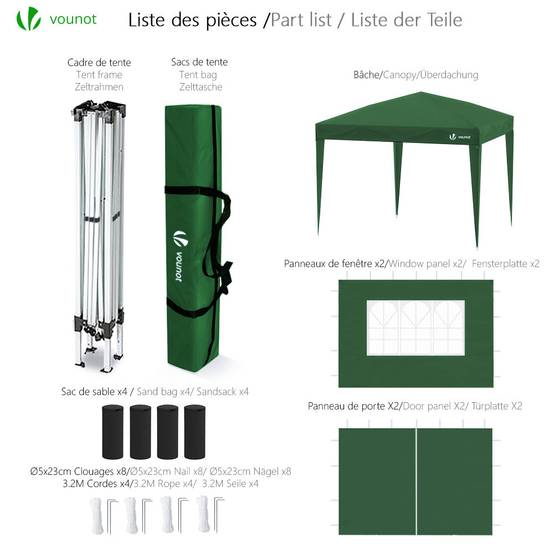 VOUNOT® Tonnelle de jardin 3x3m pliable avec portes et fenêtres et sac de transport vert - Image 2