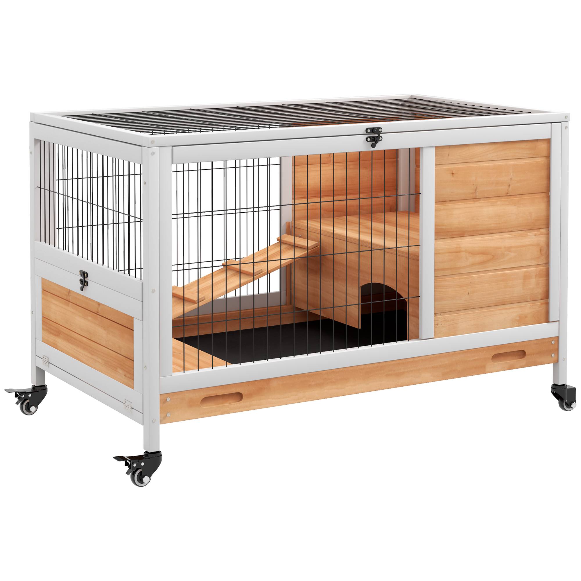Clapier en bois avec 4 roues, maison pour lapins et rampe, 90 x 53 x 59 cm, jaune - Image 1