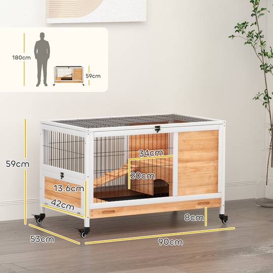 Clapier en bois avec 4 roues, maison pour lapins et rampe, 90 x 53 x 59 cm, jaune - Image 5
