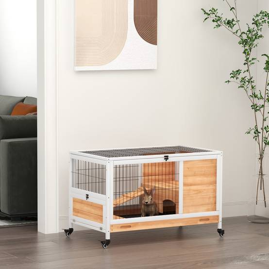 Clapier en bois avec 4 roues, maison pour lapins et rampe, 90 x 53 x 59 cm, jaune - Image 4