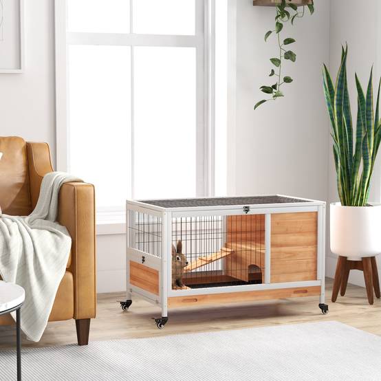 Clapier en bois avec 4 roues, maison pour lapins et rampe, 90 x 53 x 59 cm, jaune - Image 3