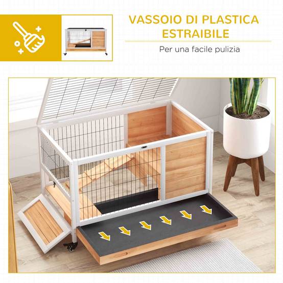 Clapier en bois avec 4 roues, maison pour lapins et rampe, 90 x 53 x 59 cm, jaune - Image 8