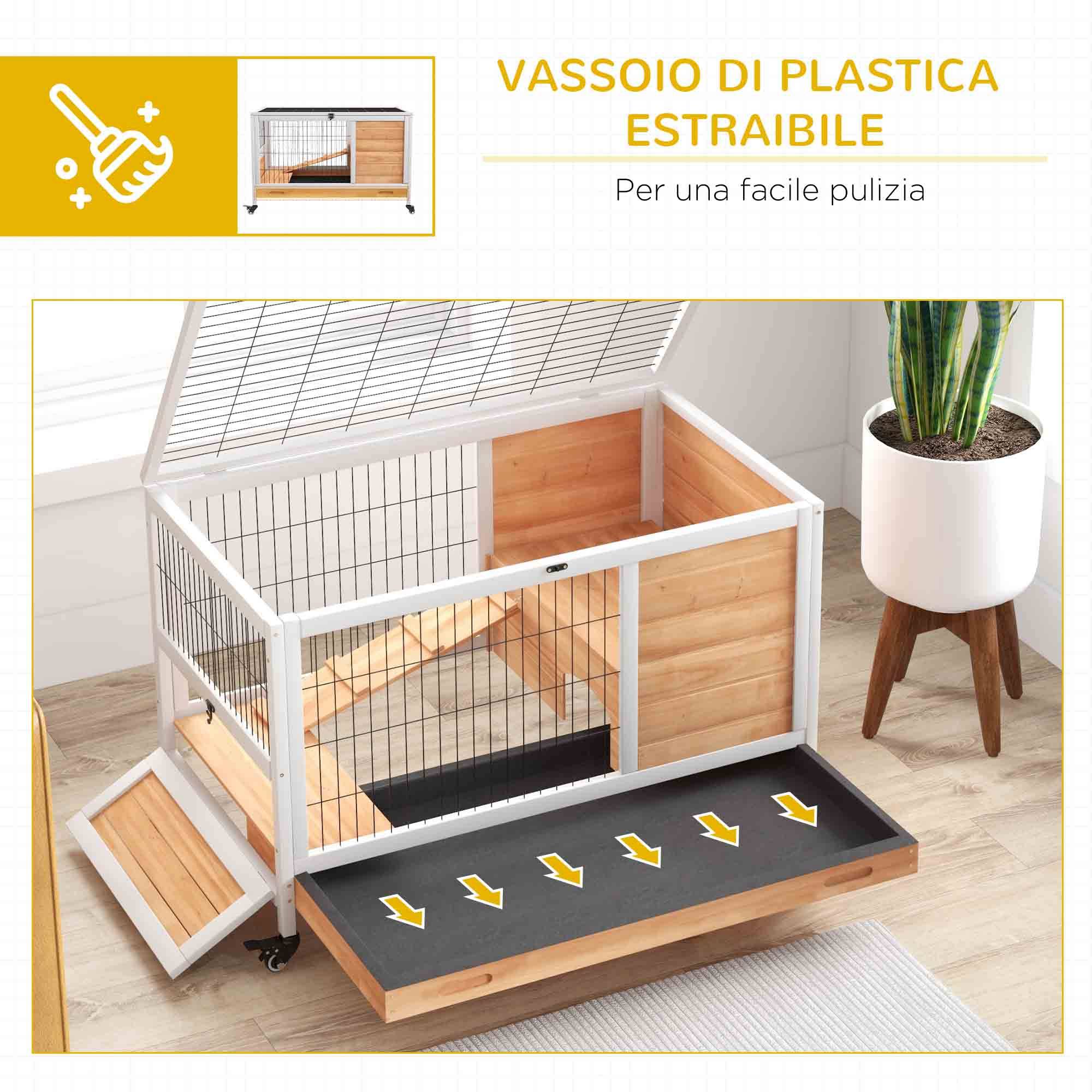 Clapier en bois avec 4 roues, maison pour lapins et rampe, 90 x 53 x 59 cm, jaune - Image 8