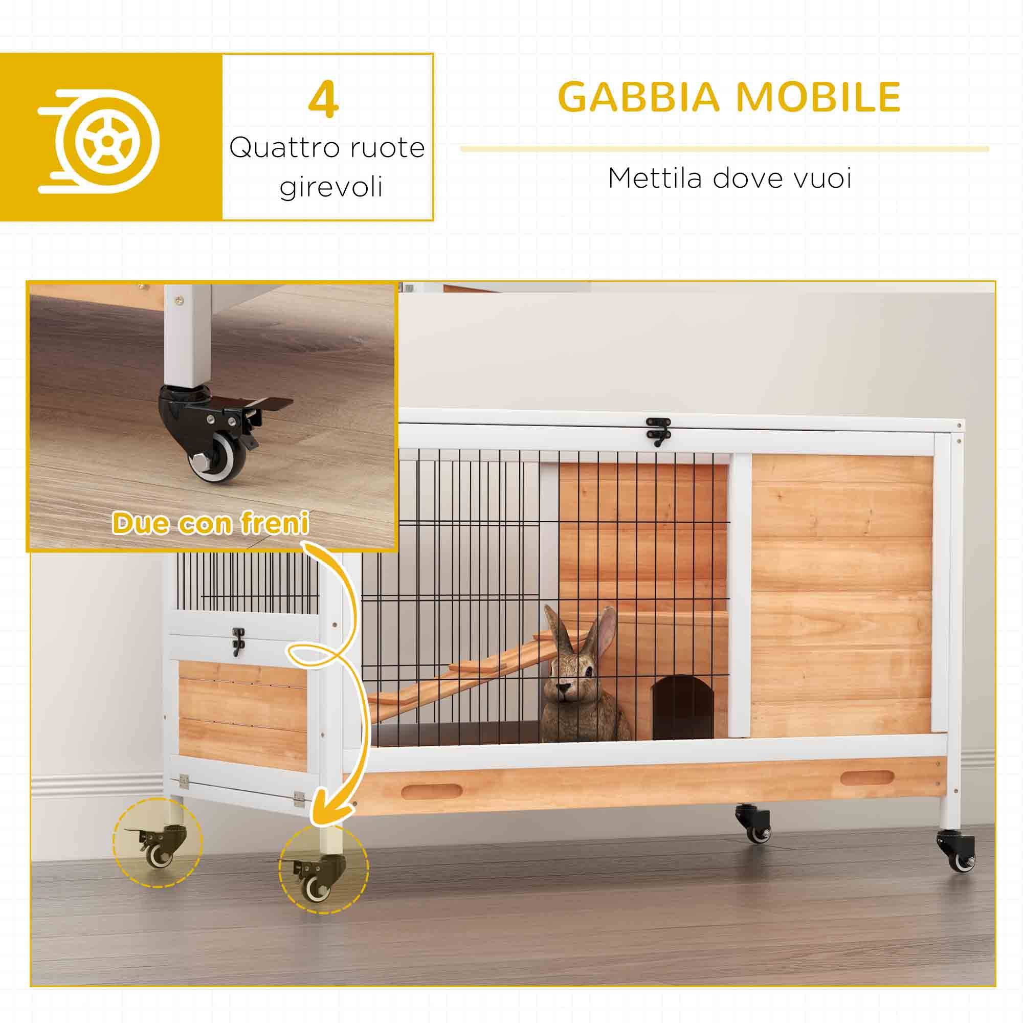 Clapier en bois avec 4 roues, maison pour lapins et rampe, 90 x 53 x 59 cm, jaune - Image 9