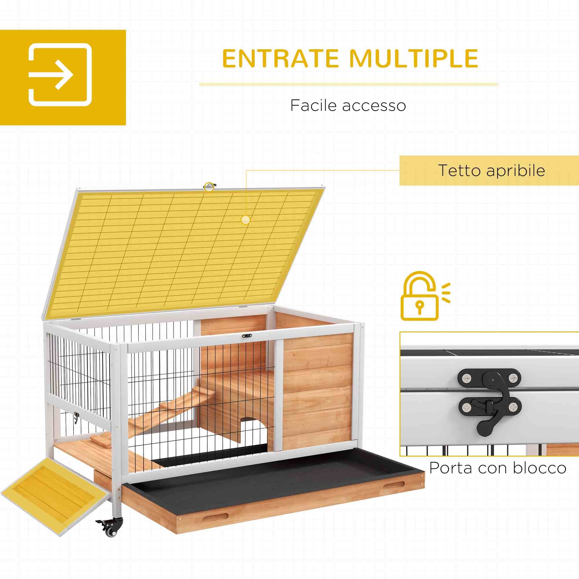 Clapier en bois avec 4 roues, maison pour lapins et rampe, 90 x 53 x 59 cm, jaune - Image 7