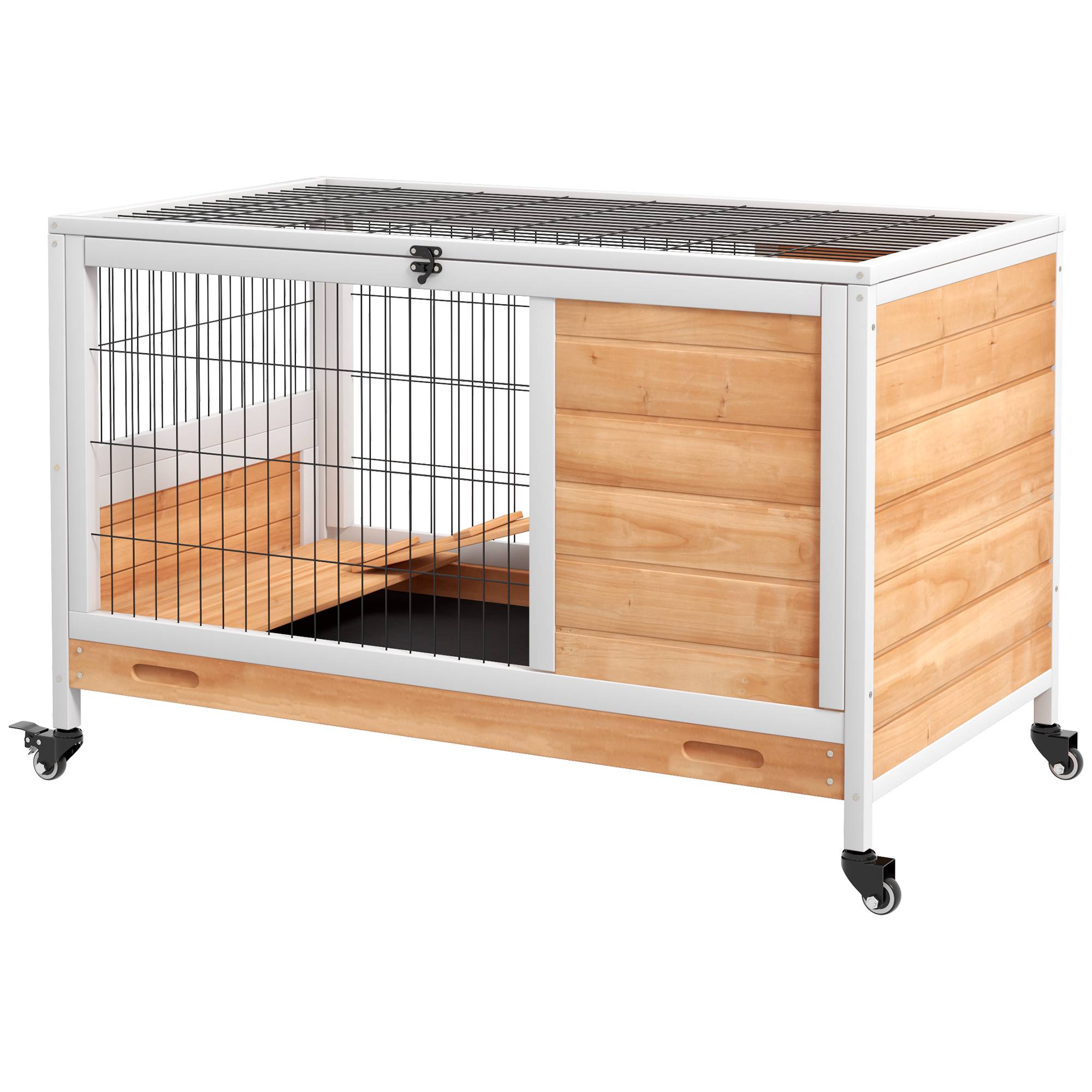 Clapier en bois avec 4 roues, maison pour lapins et rampe, 90 x 53 x 59 cm, jaune - Image 2