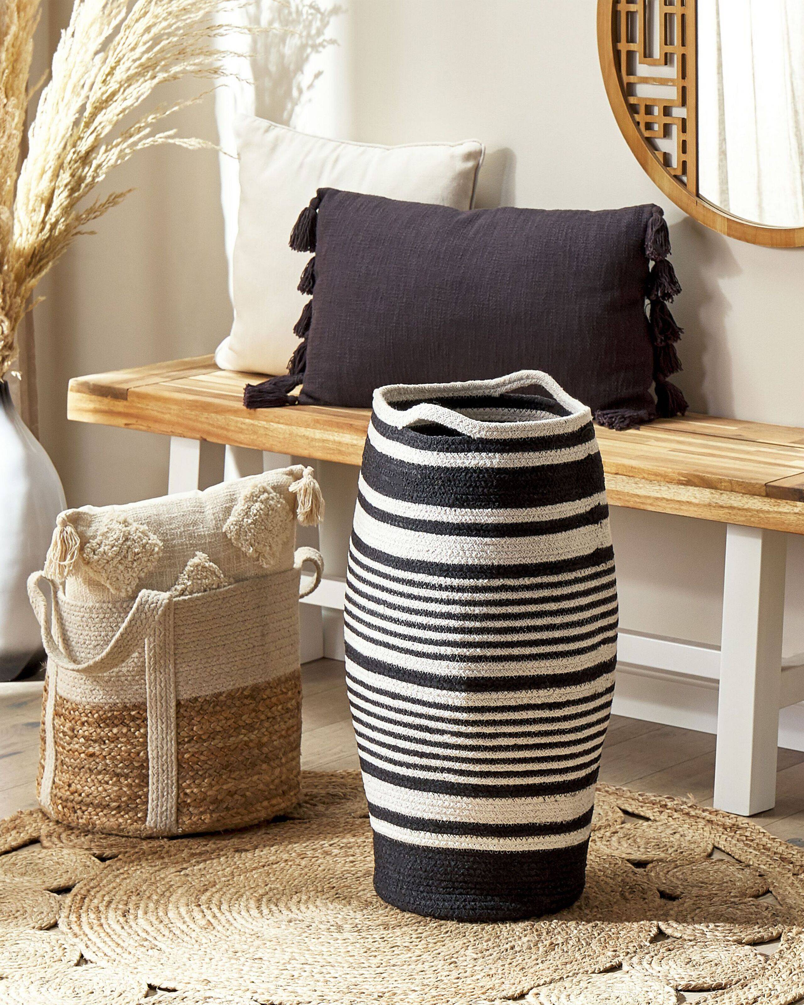Panier Blanc et Noir en Coton 33 cm de Diamètre Corbeille à Linge Faite Main Tressée Rangement à Rayures pour Intérieur Accessoire - Image 2
