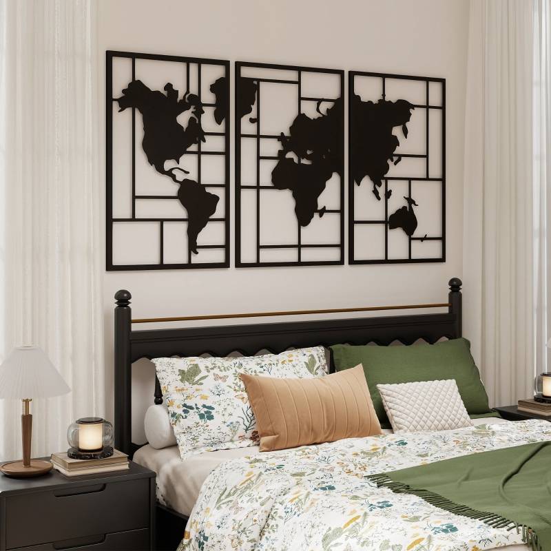 ComfortXL - Décoration Murale Carte du Monde Métal Salon Intérieur Design Moderne 150x80cm Noir - ComfortXL Outdoor Living - Image 1