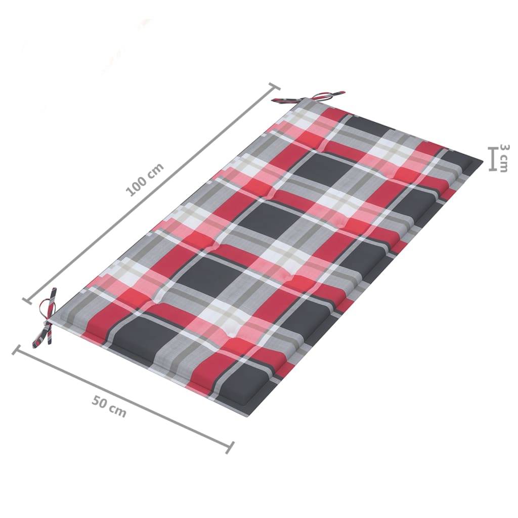 Helloshop26 - Banc de jardin meuble de patio d'extérieur terrasse avec coussin à carreaux rouge 112 x 55 x 94 cm teck massif - Image 8