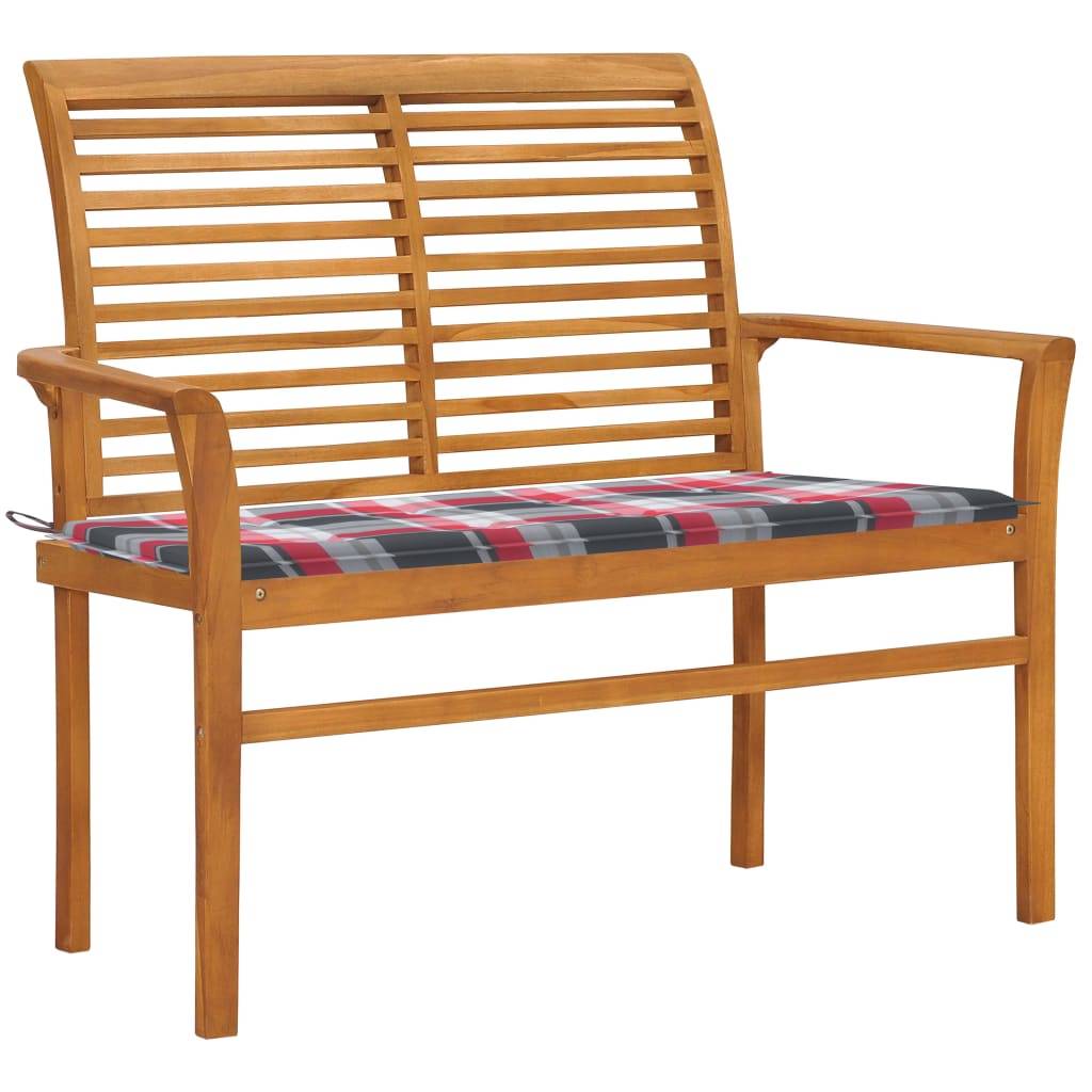 Helloshop26 - Banc de jardin meuble de patio d'extérieur terrasse avec coussin à carreaux rouge 112 x 55 x 94 cm teck massif - Image 1