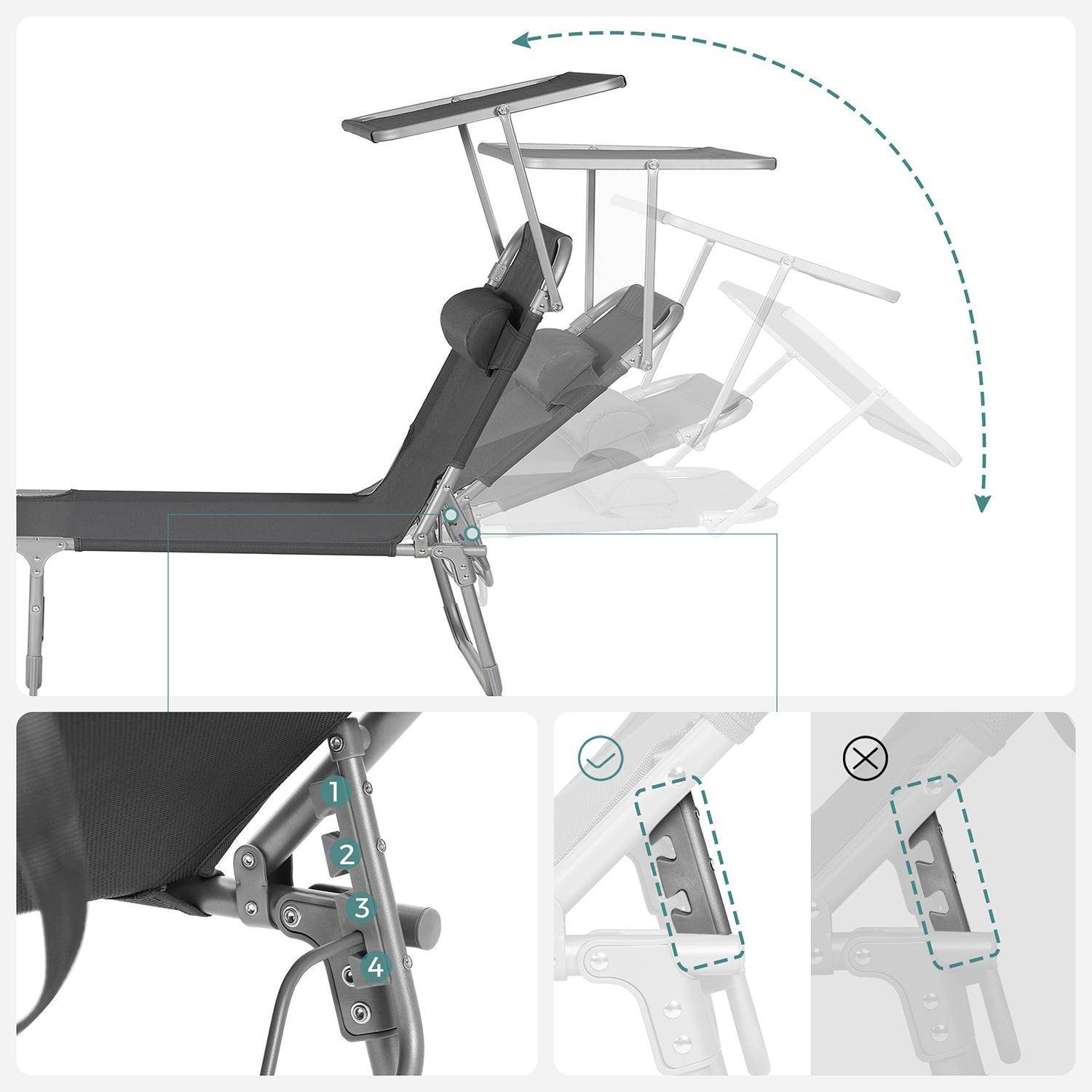 Helloshop26 - Chaise longue bain de soleil transat de relaxation avec matelas 3 cm coussin dossier et parasol inclinables ppliable 53 x 193 x 29 5 cm charge 150 kg - Image 2