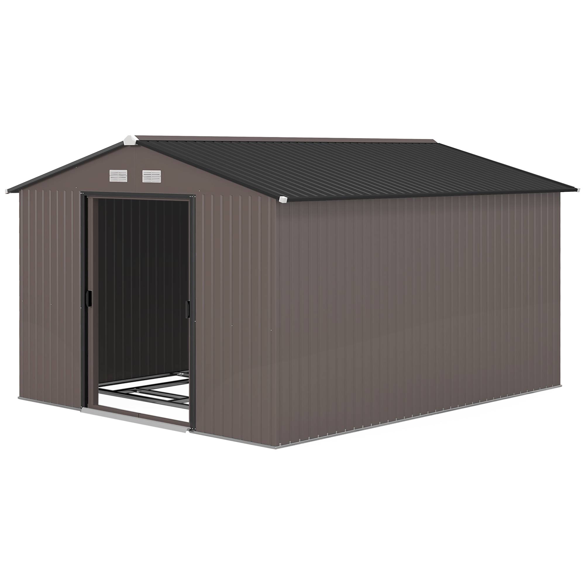 Abri de jardin métal avec double porte coulissante et 4 aérations 322x277x192 cm espace rangement marron - Image 2