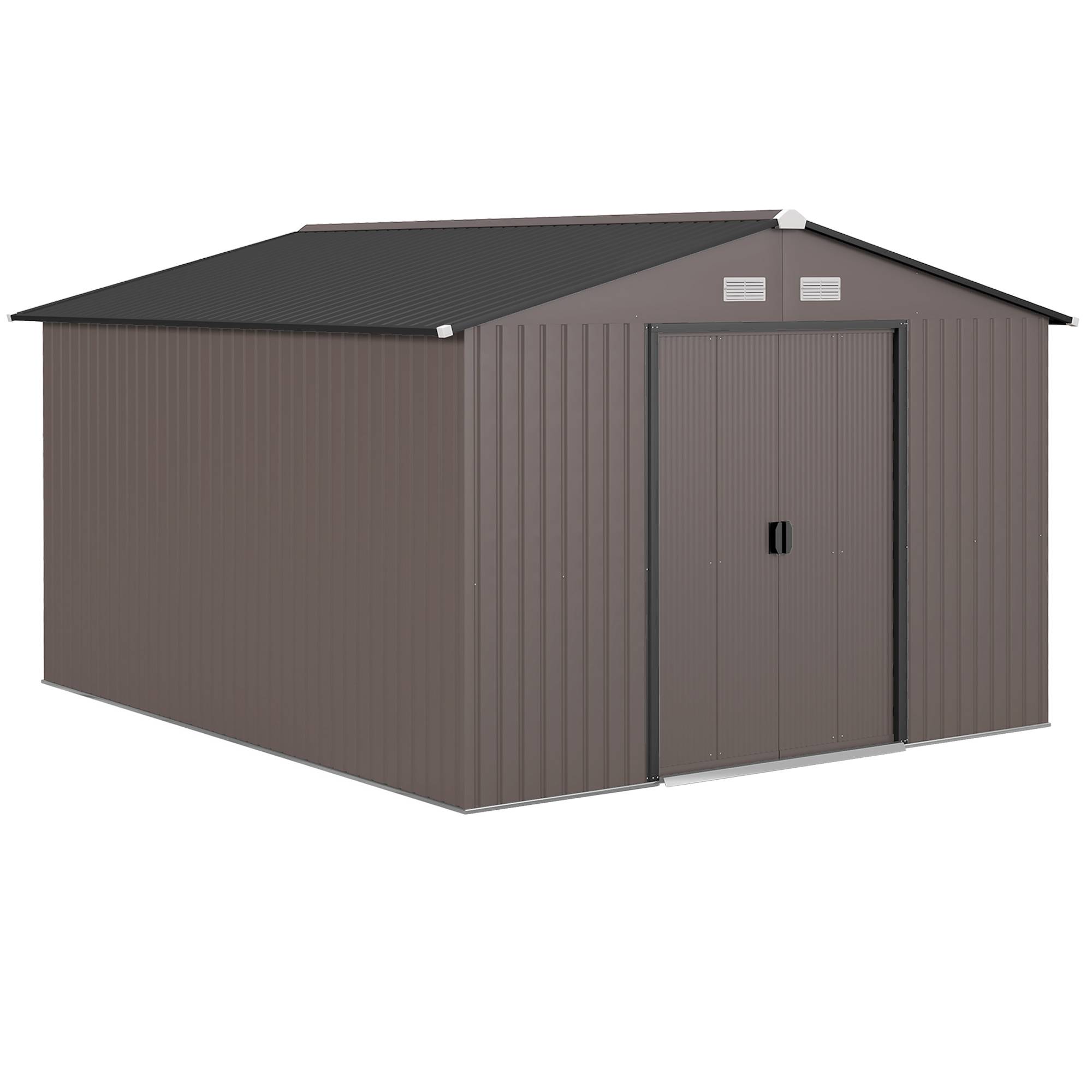 Abri de jardin métal avec double porte coulissante et 4 aérations 322x277x192 cm espace rangement marron - Image 1